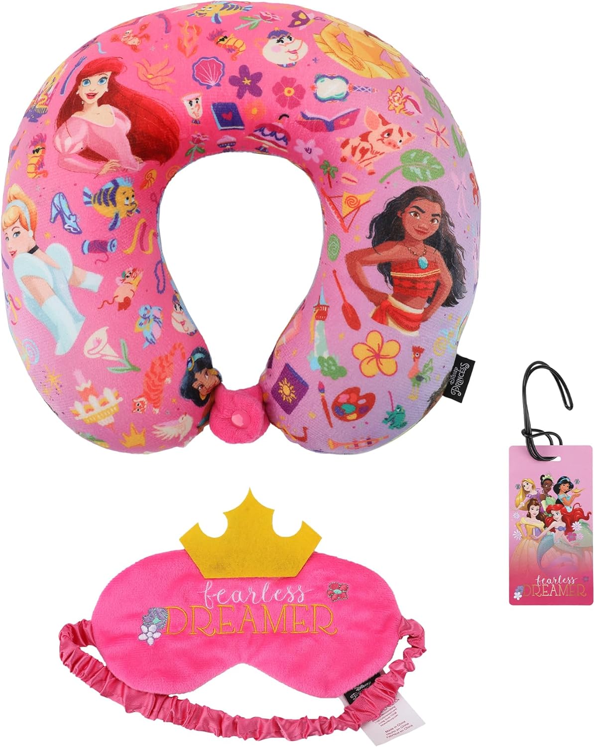 Bioworld Disney Princess 3-Piece Neck Pillow Travel Set with Eye Mask & Luggage Tag