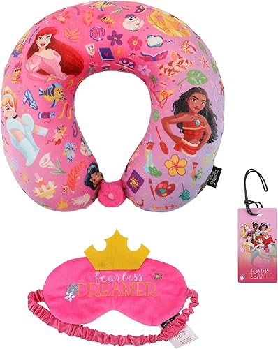 Disney Princess - Conjunto de viaje de tres piezas con almohada de cuello, máscara para los ojos y etiqueta de equipaje