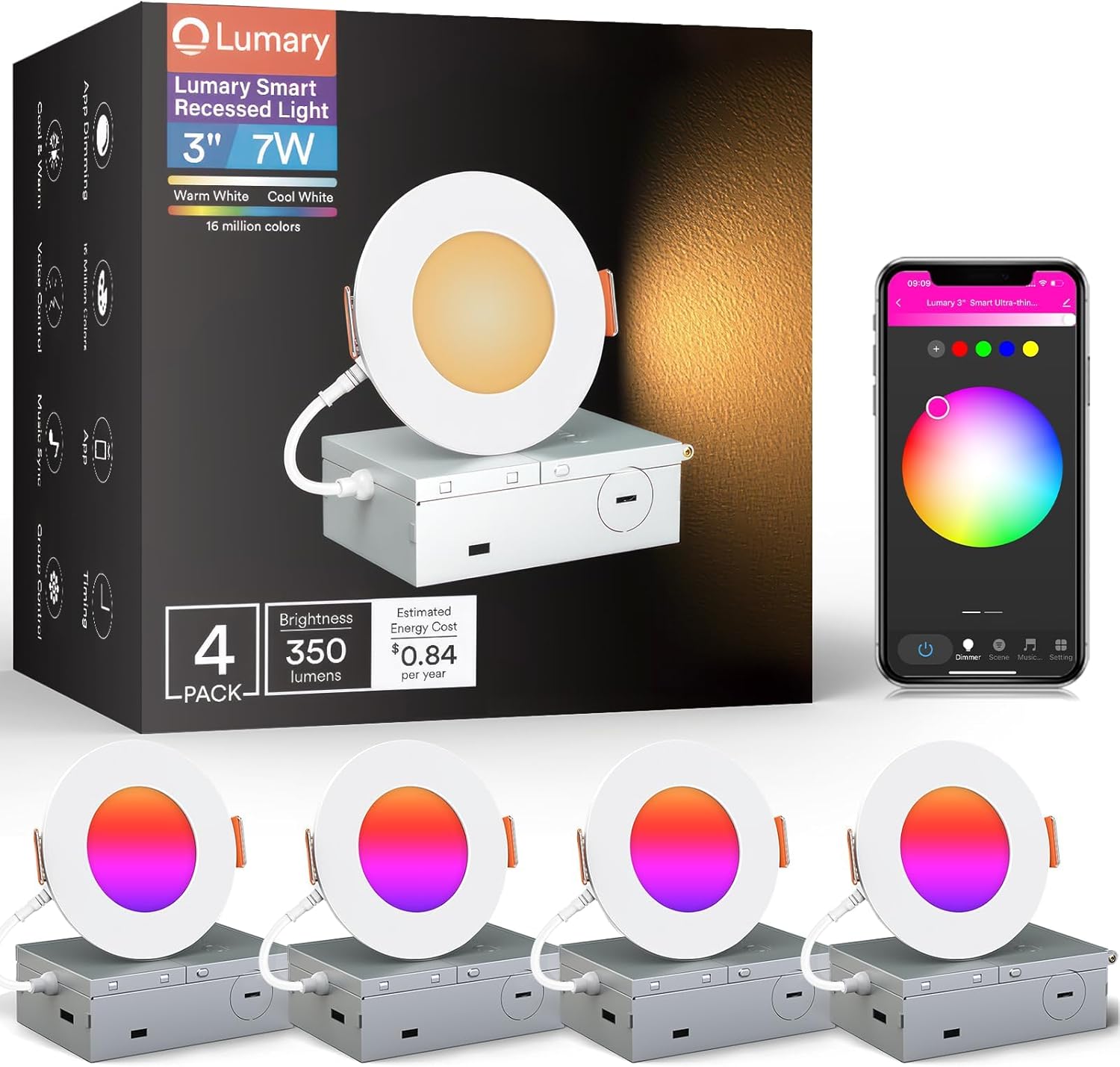 Lumary 3 Inch Smart LED Recessed Light, Ultra-Thin 7W WiFi Bluetooth Ceiling Downlight, Canless w/Junction Box, Whitie Shades Color Changing, Compatible with Alexa/Google/Remote-Not Included, 4 Pack Lumary 3 Inch Smart LED Recessed Light, Ultra-Thin 7W WiFi Bluetooth Ceiling Downlight, Canless w/Junction Box, Whitie Shades Color Changing, Compatible with Alexa/Google/Remote-Not Included, 4 Pack
