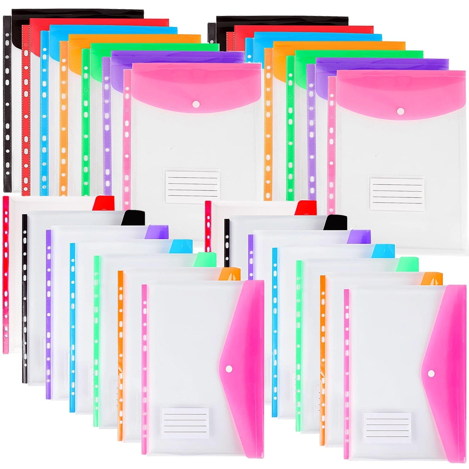 28PCS Plastic Wallets A4 Punched Pockets, 11 Holes Expandable Binder Folders for 2/3/4 Ring Document Pouch with Snap Button & Label Loose-Leaf Transparent for Office School Home (T14S14)