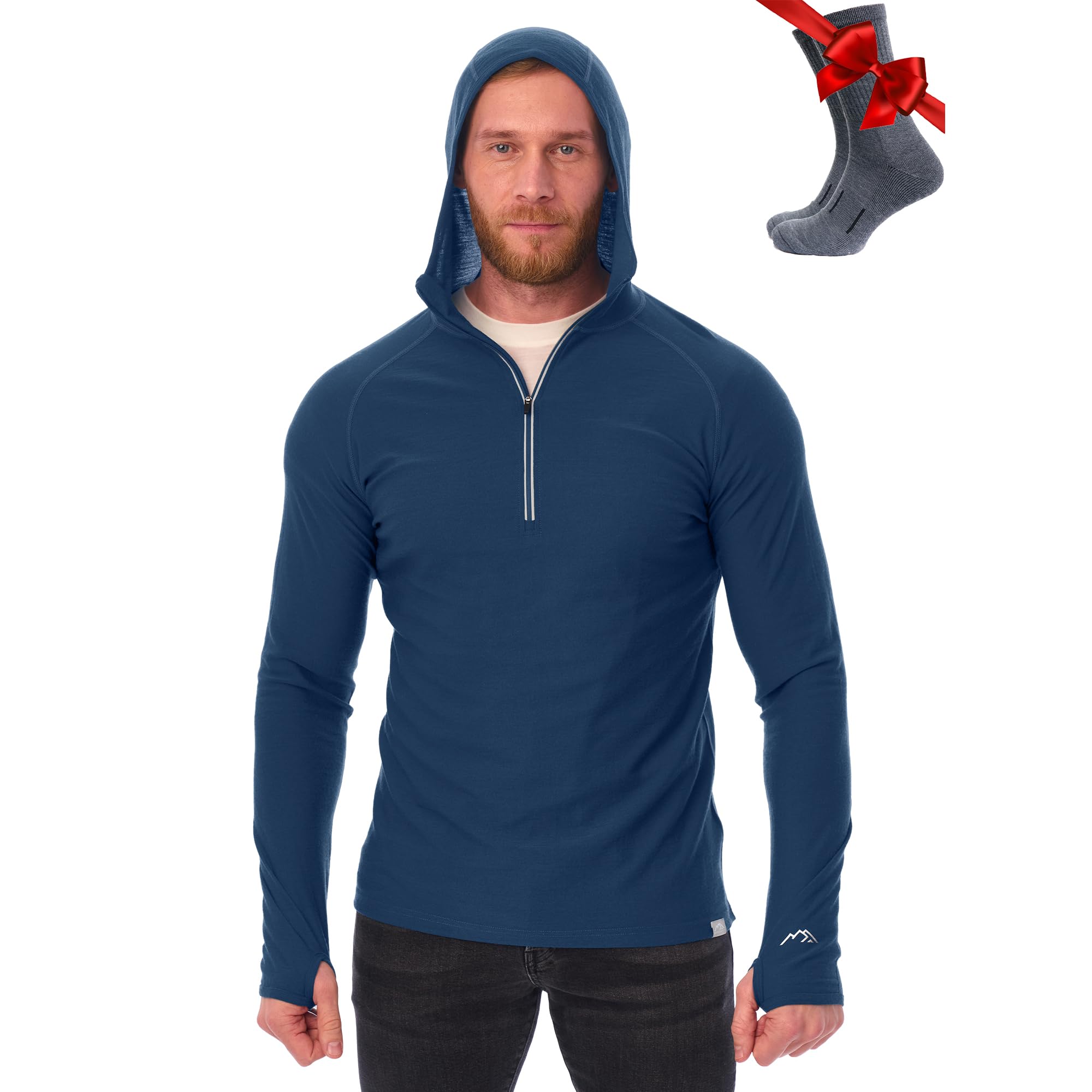 100% Merino Wool Hoodie Men - Slim Fit Quarter Zip Thermal Base Layer Top