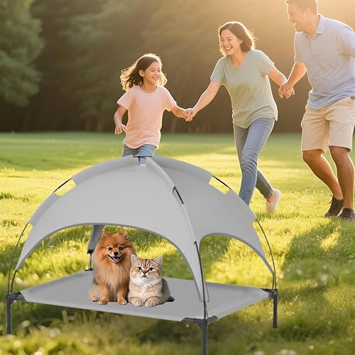 Miniatura 7 de Cama grande para perros al aire libre con toldo y 4 estacas resistentes al viento, sombra al aire libre y protección solar, cama elevada desmontable