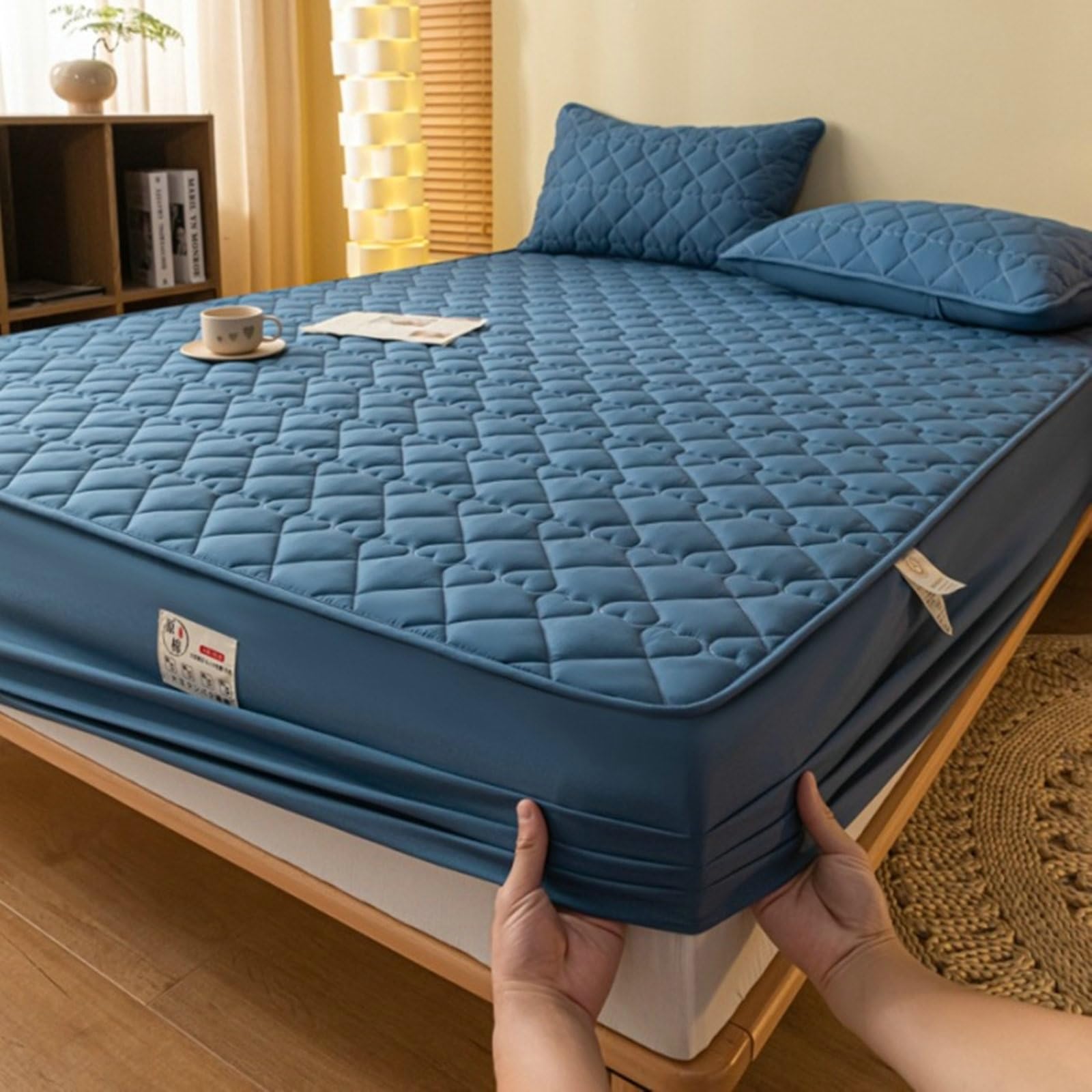 Epinki Drap 180x200 Housse, Bonnet 25cm, Bleu, Polyester, Drap Motif Coeur Couleur Unie Drap de Lit