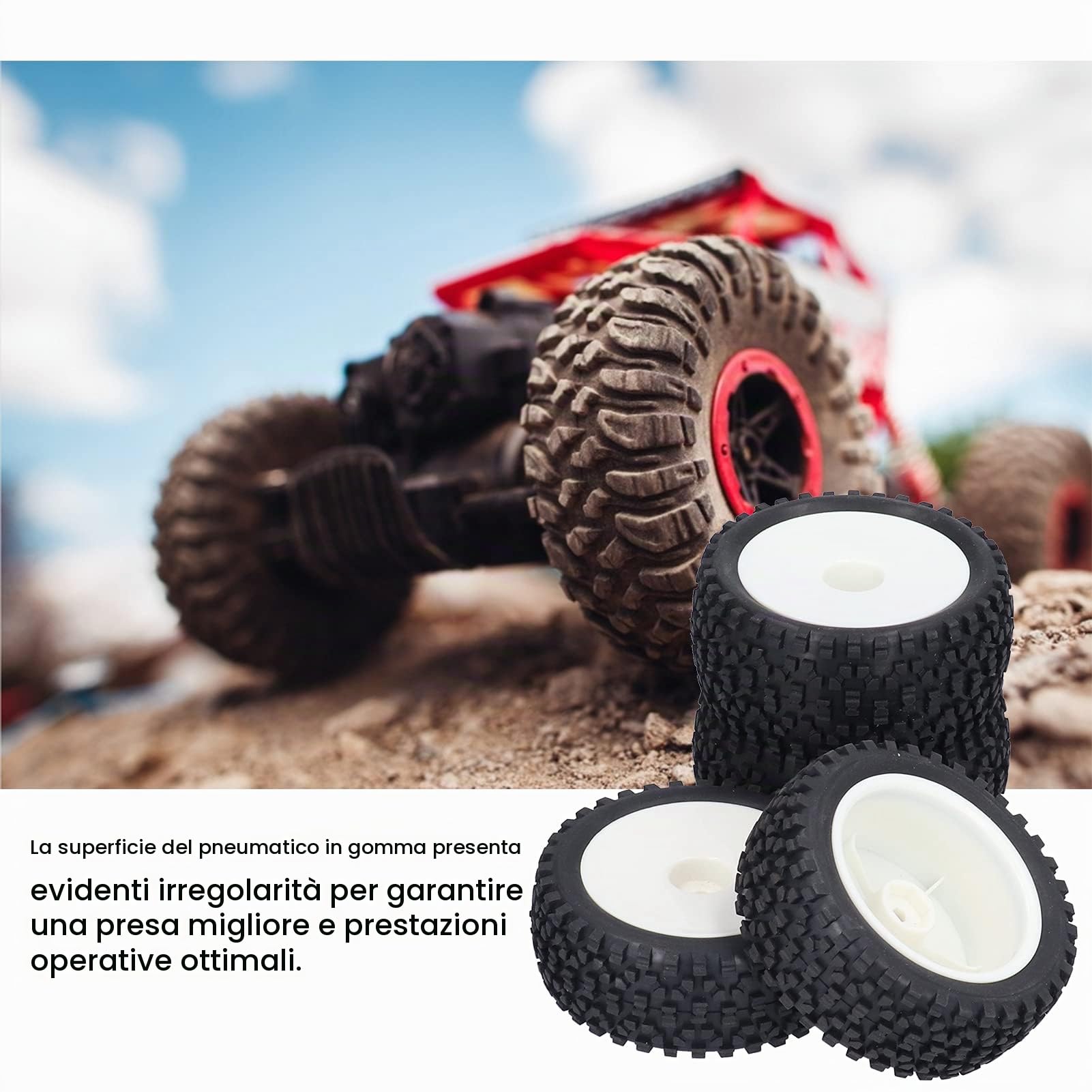 Set 4 Pezzi Pneumatici RC 1/10, Ruote in Gomma per Auto da Corsa e Buggy Telecomandati, Mozzi Ruota ad Alta Resistenza, Sostituzione Professionale per Modellismo, Grip Ottimale, Nero