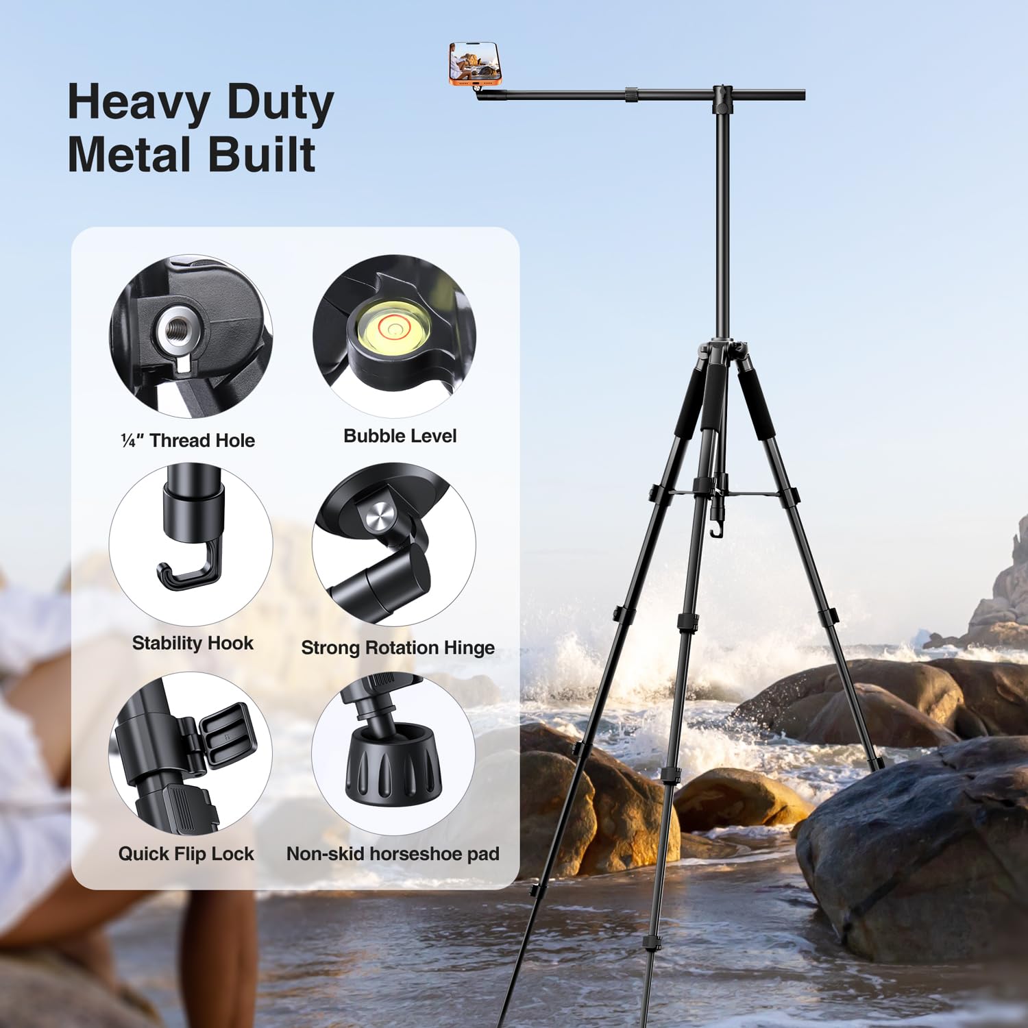 elitehood Trípode magnético para iPhone con brazo extensible de 25 pulgadas de largo, trípode horizontal alto de 59 pulgadas para grabación de video, soporte giratorio de 360° para iPhone para