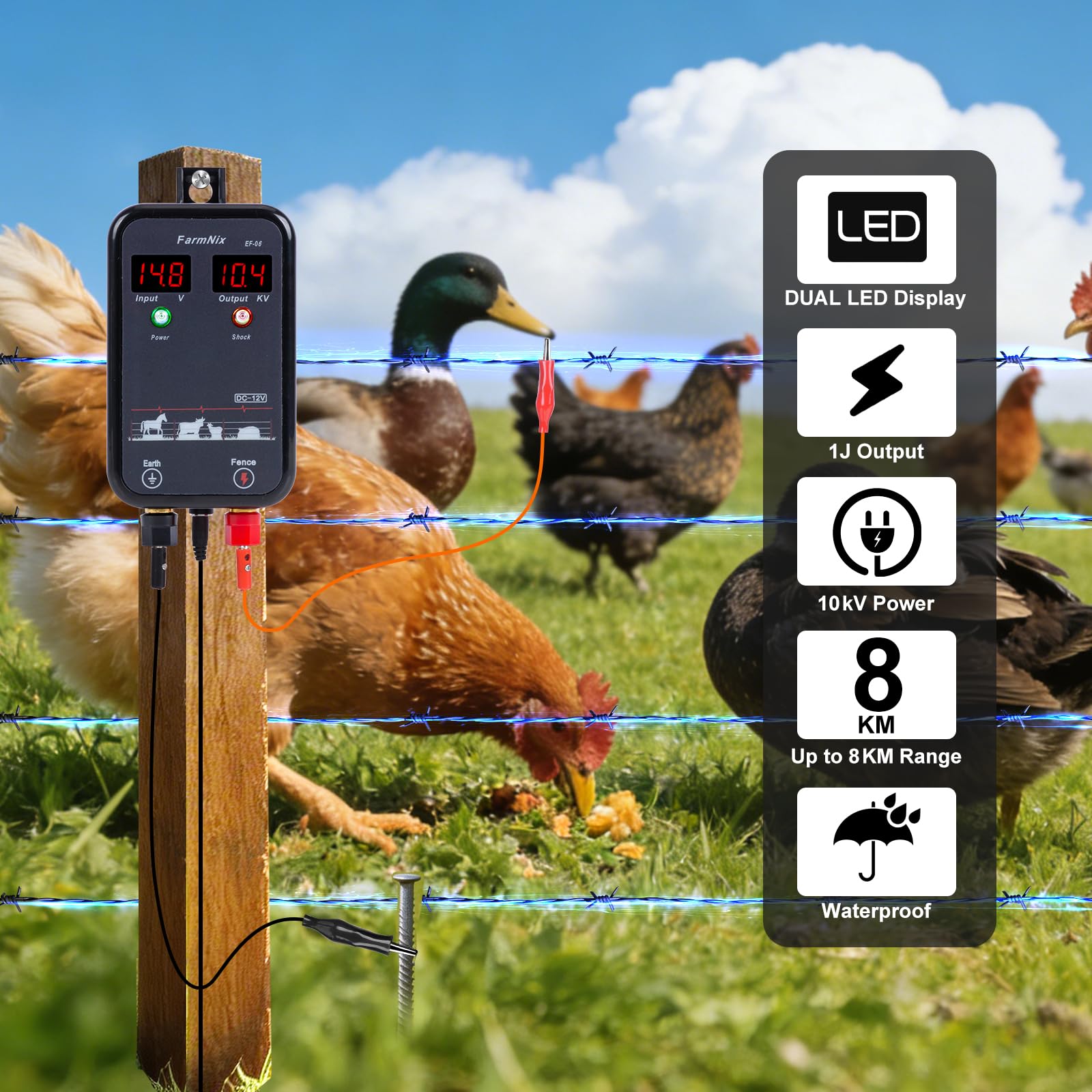 8KM Pastor Electrico ,1.0 Joule 12V, Cerca Eléctrica Controlador LED digital, Para protección animales pequeños, aves de corral y mascotas, para jardines, granjas y pasto (Black)