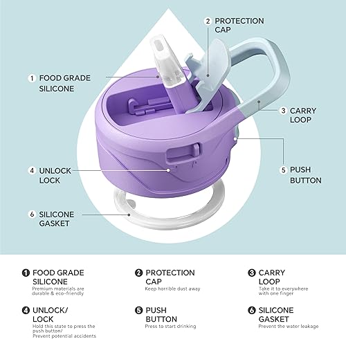 Miniatura 5 de IDEUS Botella de agua aislada de acero inoxidable con 2 tapas a prueba de fugas, termo para senderismo, ciclismo, 32 onzas, violeta