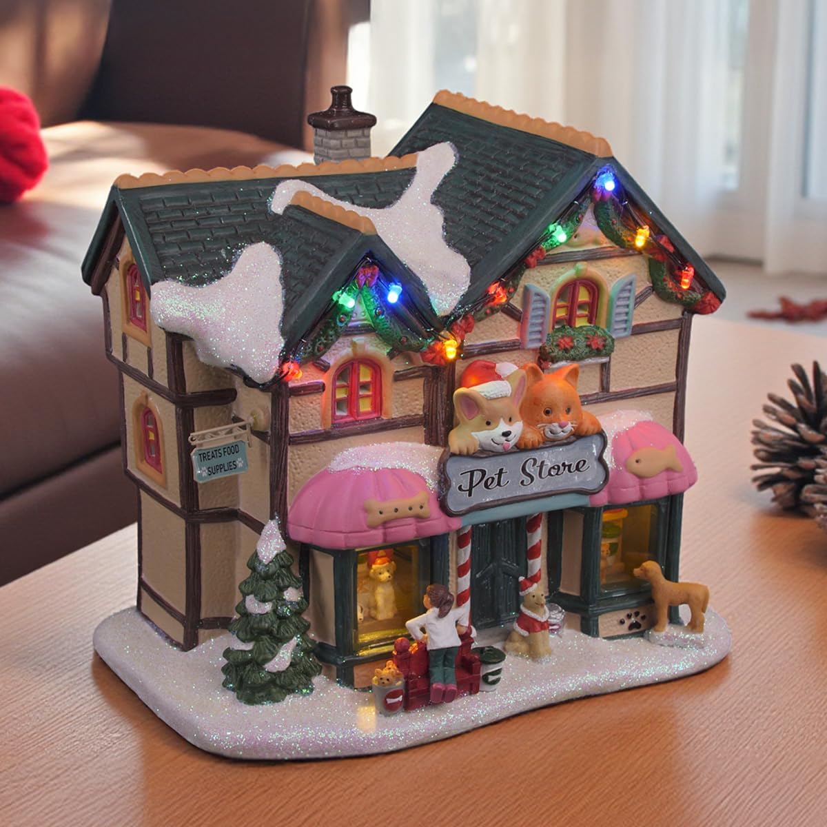 Holiday Pet Store Porcelain Christmas Village with LED Lights and Music
