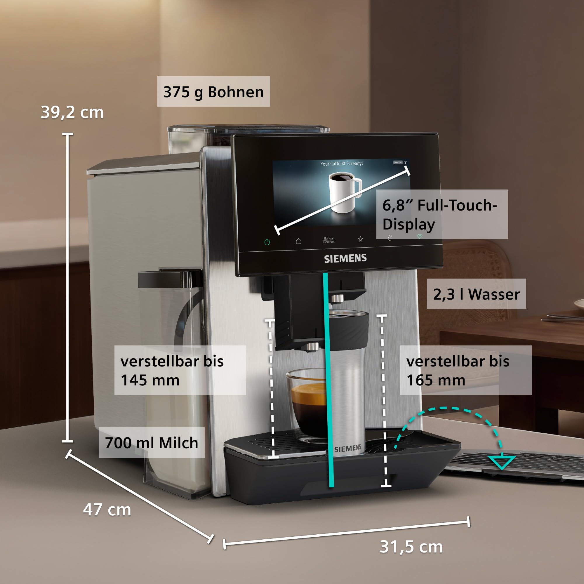 Siemens Kaffeevollautomat EQ900 iAroma, personalisierbare Einstellungen, präzises Mahlwerk, großes, intuitives Full-Touch-Display, Silber, TQ923E03