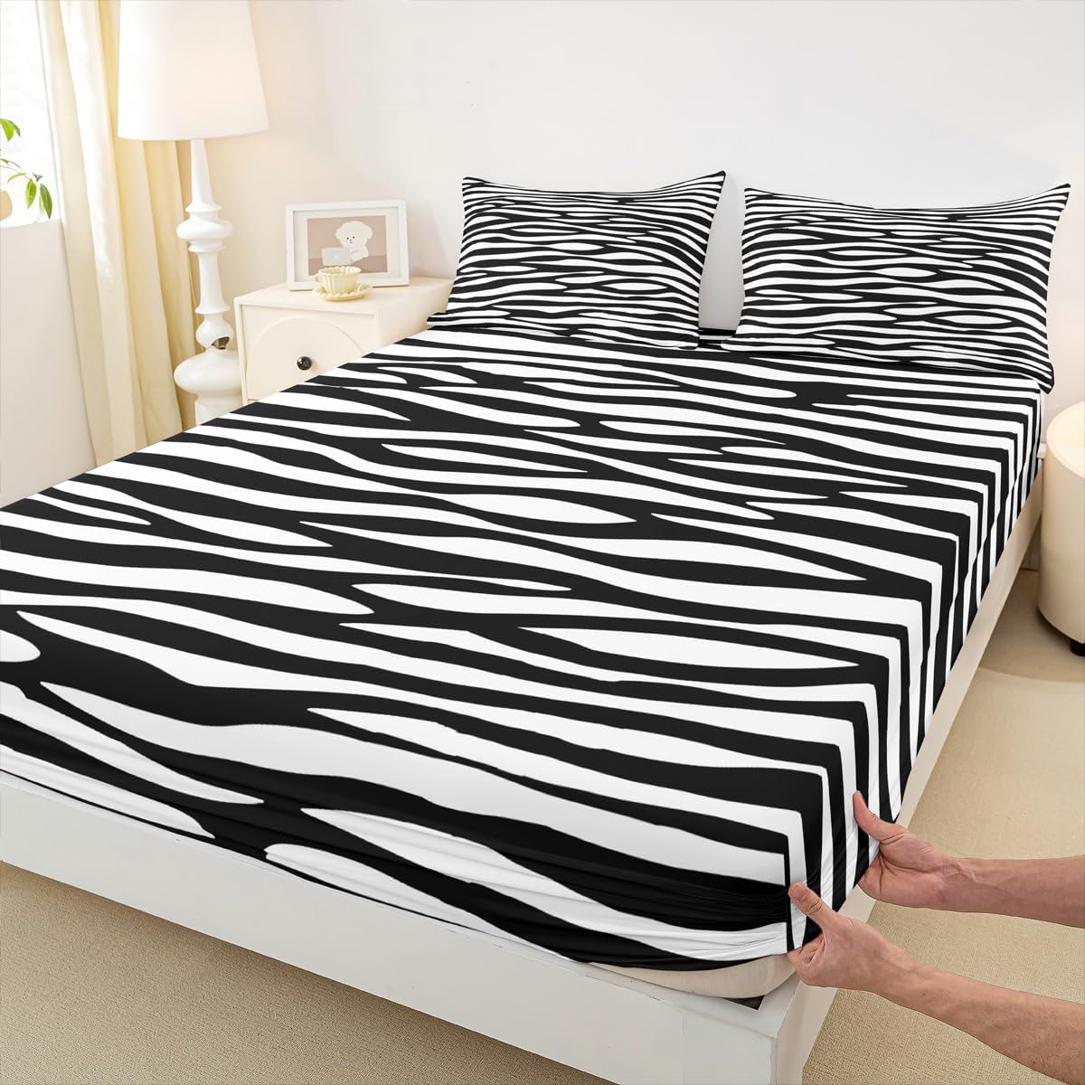 Erosebridal Zebra Print Full Sheets Black and White Fitted Sheet, Wild Animal Theme Bed Sheets Safari Wildlife Fur Bed Cover, Abstract Stripe Bedding Microfiber Super Cozy 3pcs (Deep Pocket)
