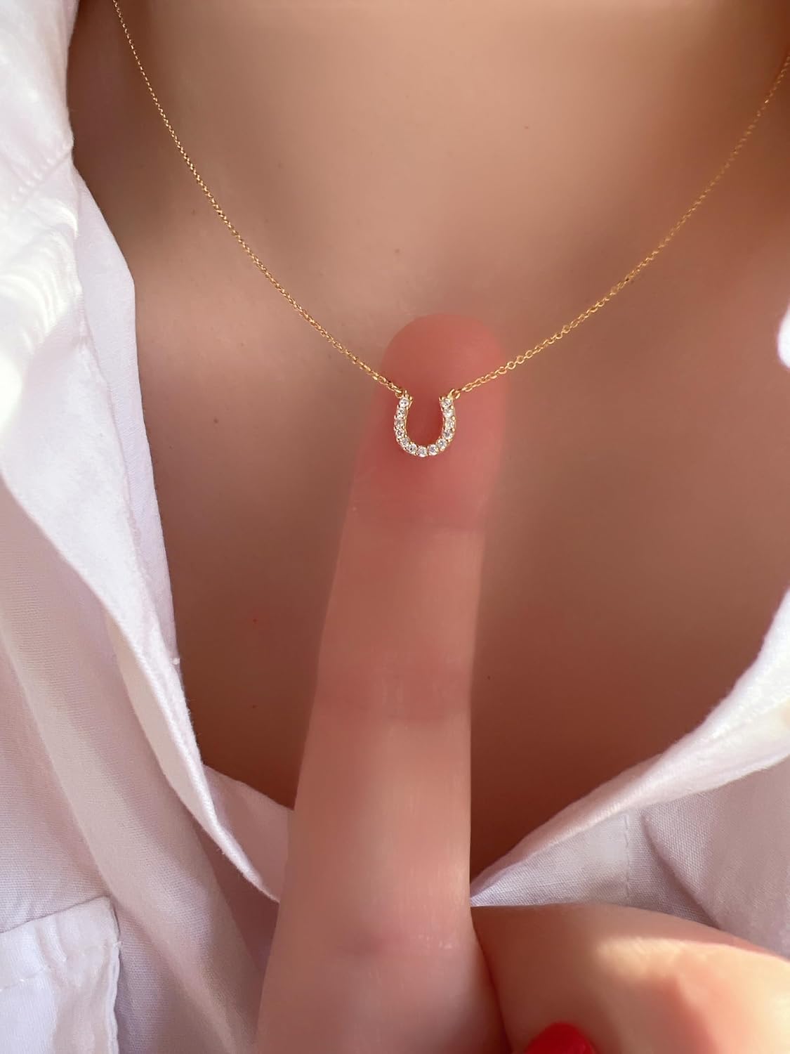 Horseshoe Necklace Solid 925 Sterling Silver + 14K Gold, 24K White Gold Tiny CZ Horseshoe Cubic Zirconia Crystal Pendant Necklace