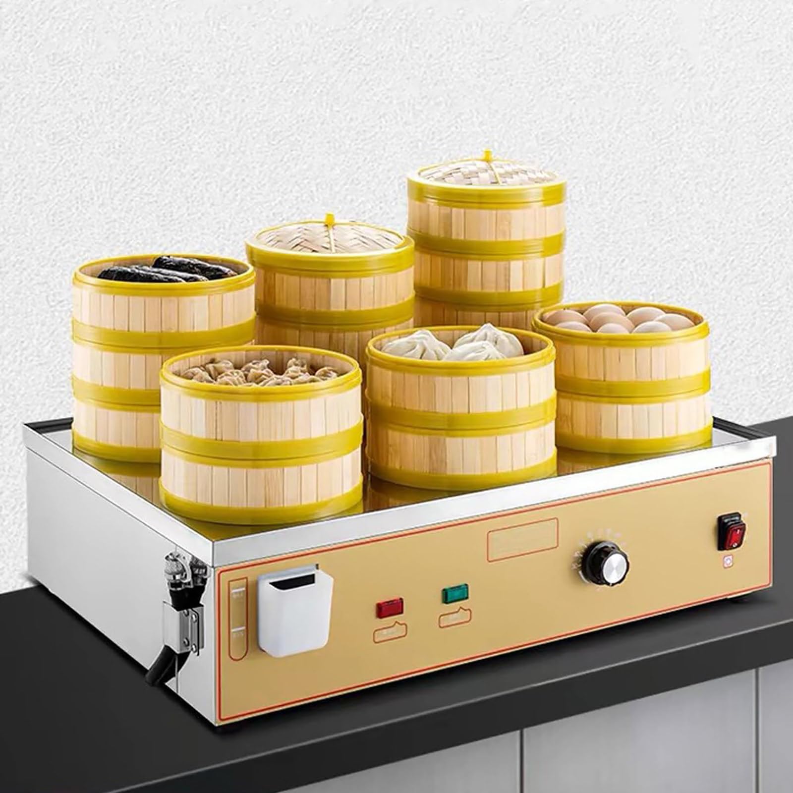 Komercyjny elektryczny parowiec 6 otworów, niezależny zasiew wody z alarmem suchego spalania, precyzyjne sterowanie temp. pokrętła 30-110C dla bułek Dim Sum Restaurant Kitchen Stainless Steel