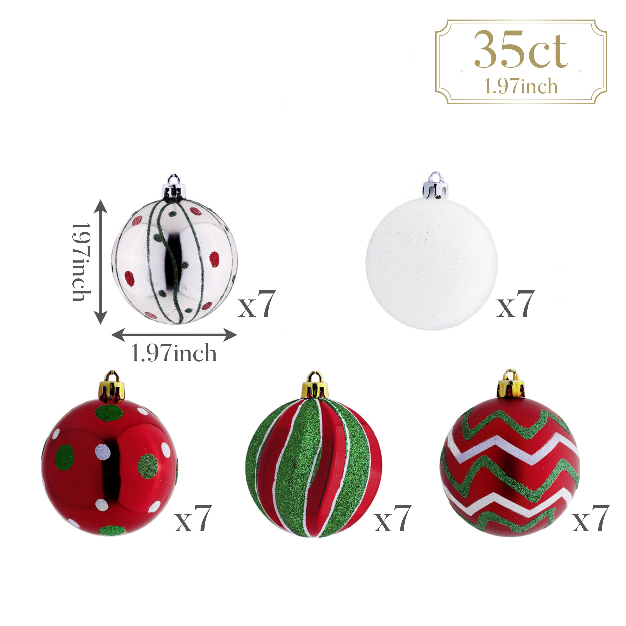 Valery Madelyn Lot de 35 petites boules de Noël incassables à suspendre pour sapin de Noël, rouge, vert, blanc, 5,1 cm