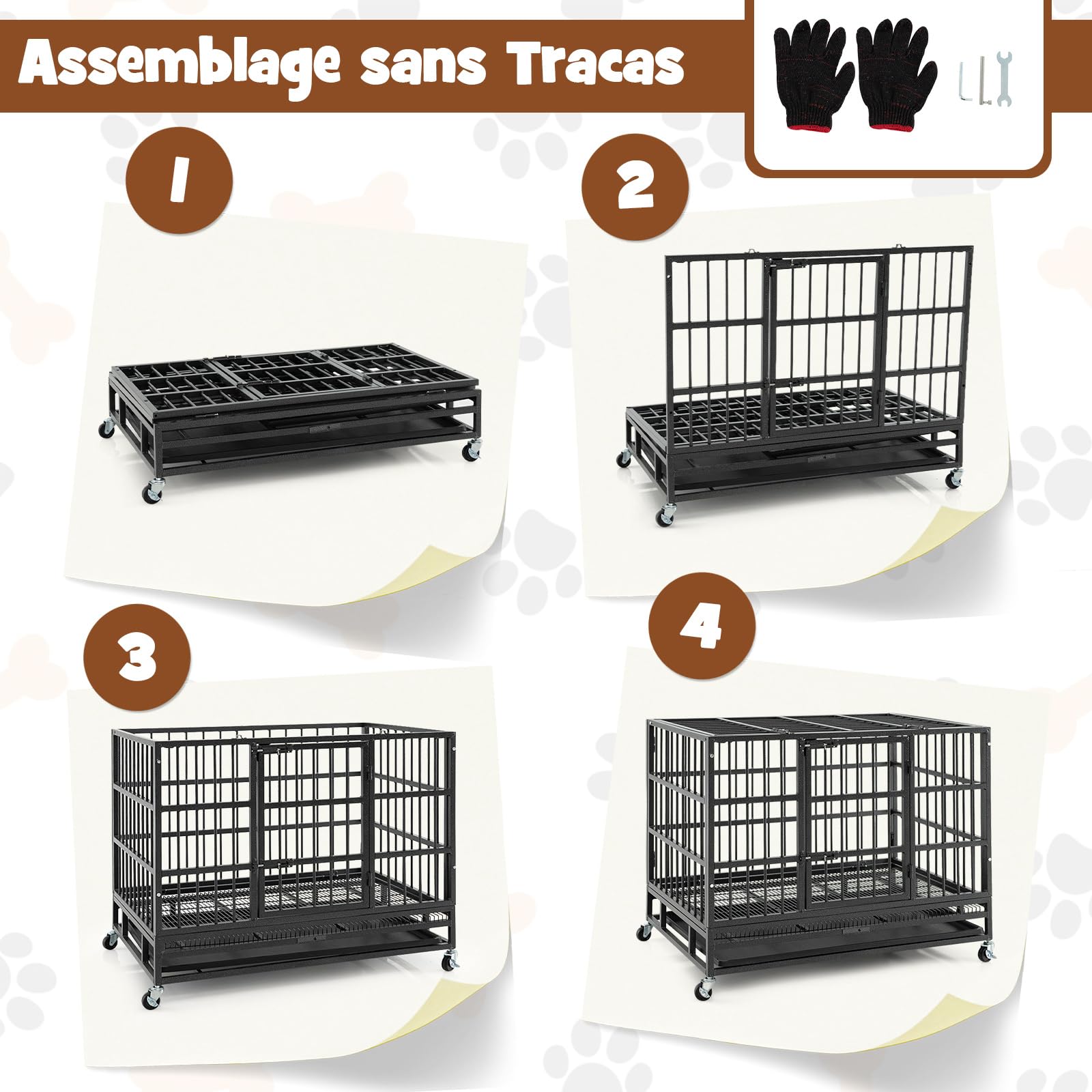 GOPLUS Cage pour Chien Pliable en Métal avec 4 Roues Universelles, 96 x 65 x 77CM, Chenil pour Chien Extérieur avec Double Portes Verrouillables, Plateau Coulissant Amovible, pour Intérieur Extérieur