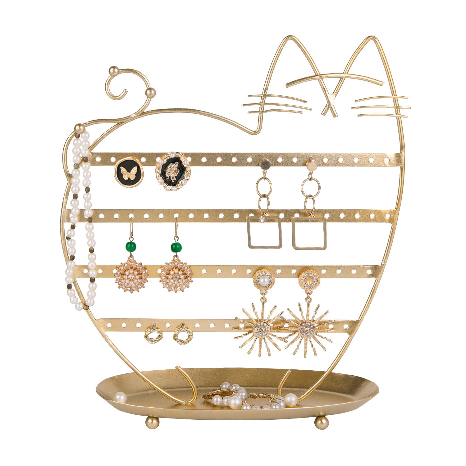 NIKKY HOME Katzen-Ohrringhalter zum Aufhängen, Metall, Schmuckbaum, Tischplatte, Ohrstecker-Halter, Turm mit Ringablage und Haken für Mädchen (80 Löcher), Gold
