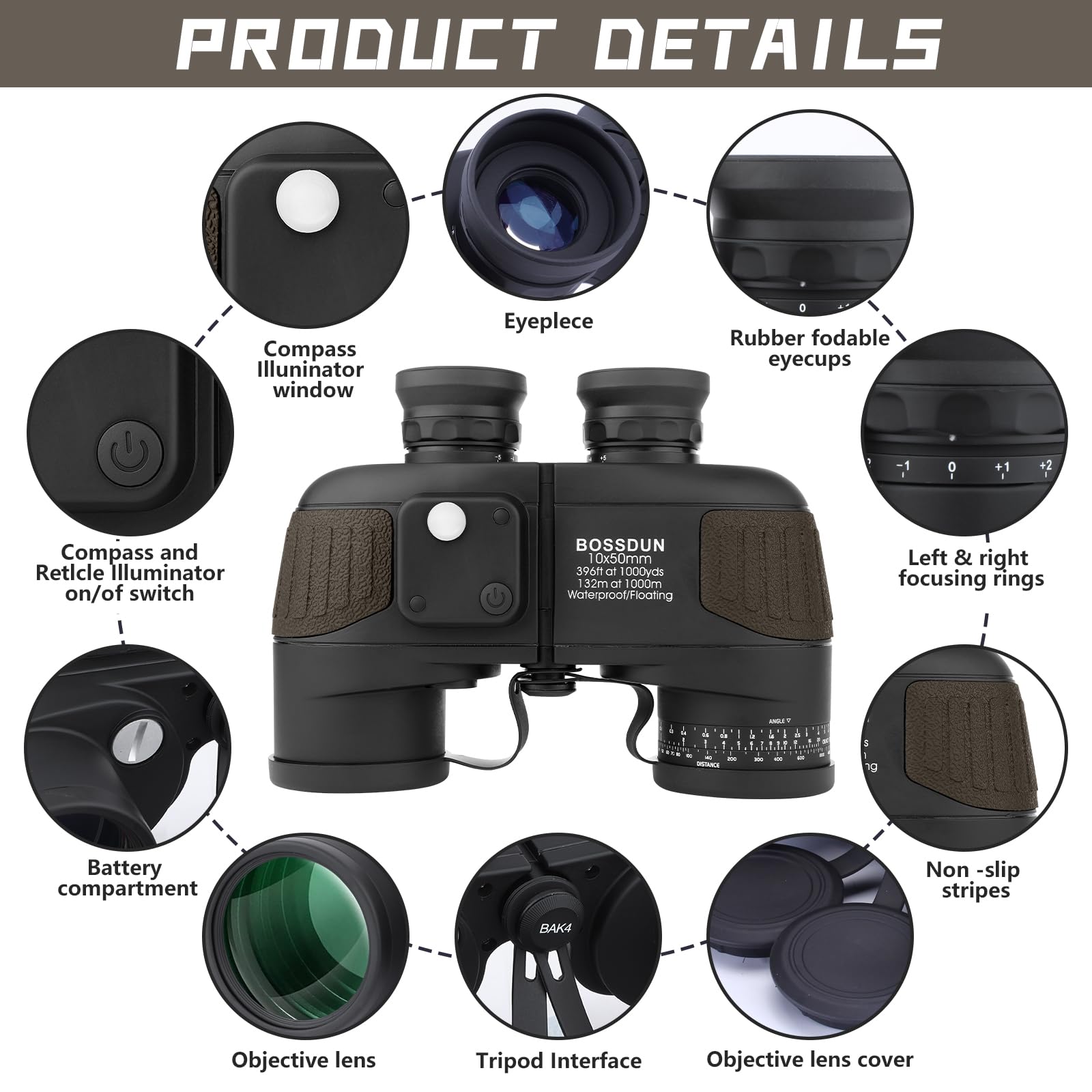 10X50 Prismáticos Marinos para Adultos Impermeable con Brújula Brújula BAK4 a Prueba de Niebla Prism Lens Binoculares Militar para Navegación Navegación Observación de Aves y Caza (Y)