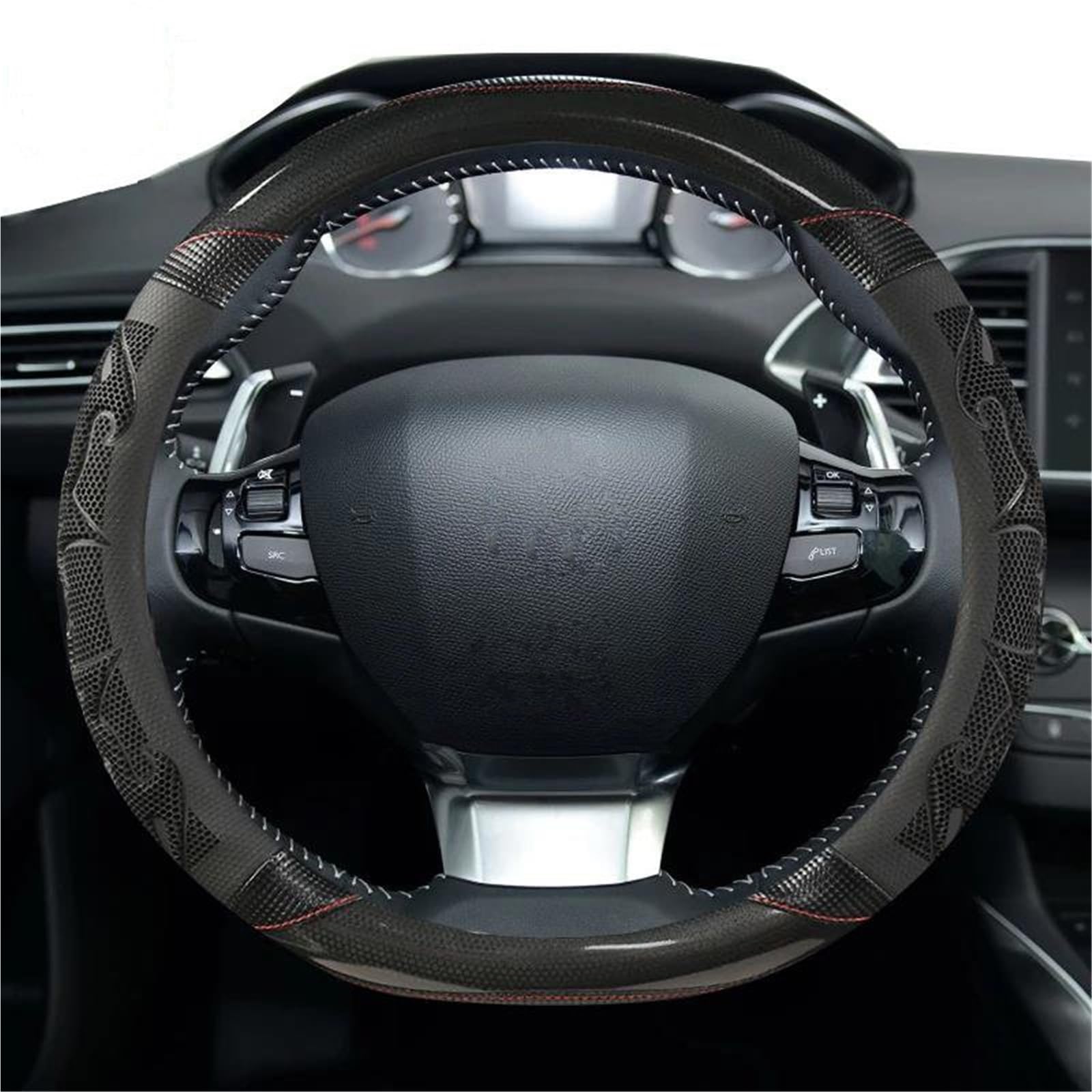 UAGFDFF Leather Steering Wheel Cover For Peugeot 308 2014-2020 II T9 308 SW CC Car Steering Wheel Cover Silica Gel PU Leather Non-slip Massage Car Accessories(Black)