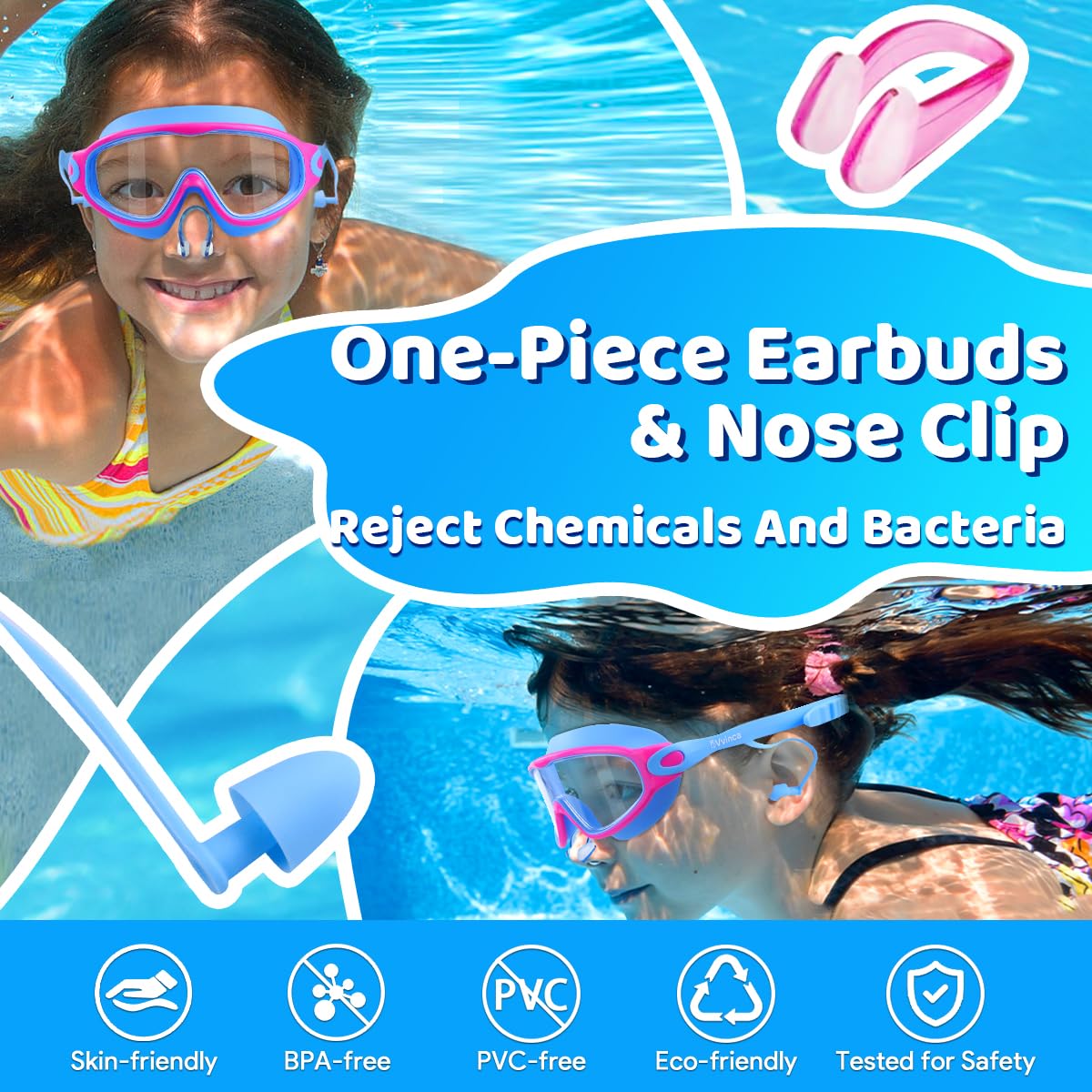 Vvinca Lunettes de natation pour enfants avec bouchons d'oreilles et pince-nez - Lunettes de natation anti-buée/UV pour garçons et filles de 3 à 15 ans