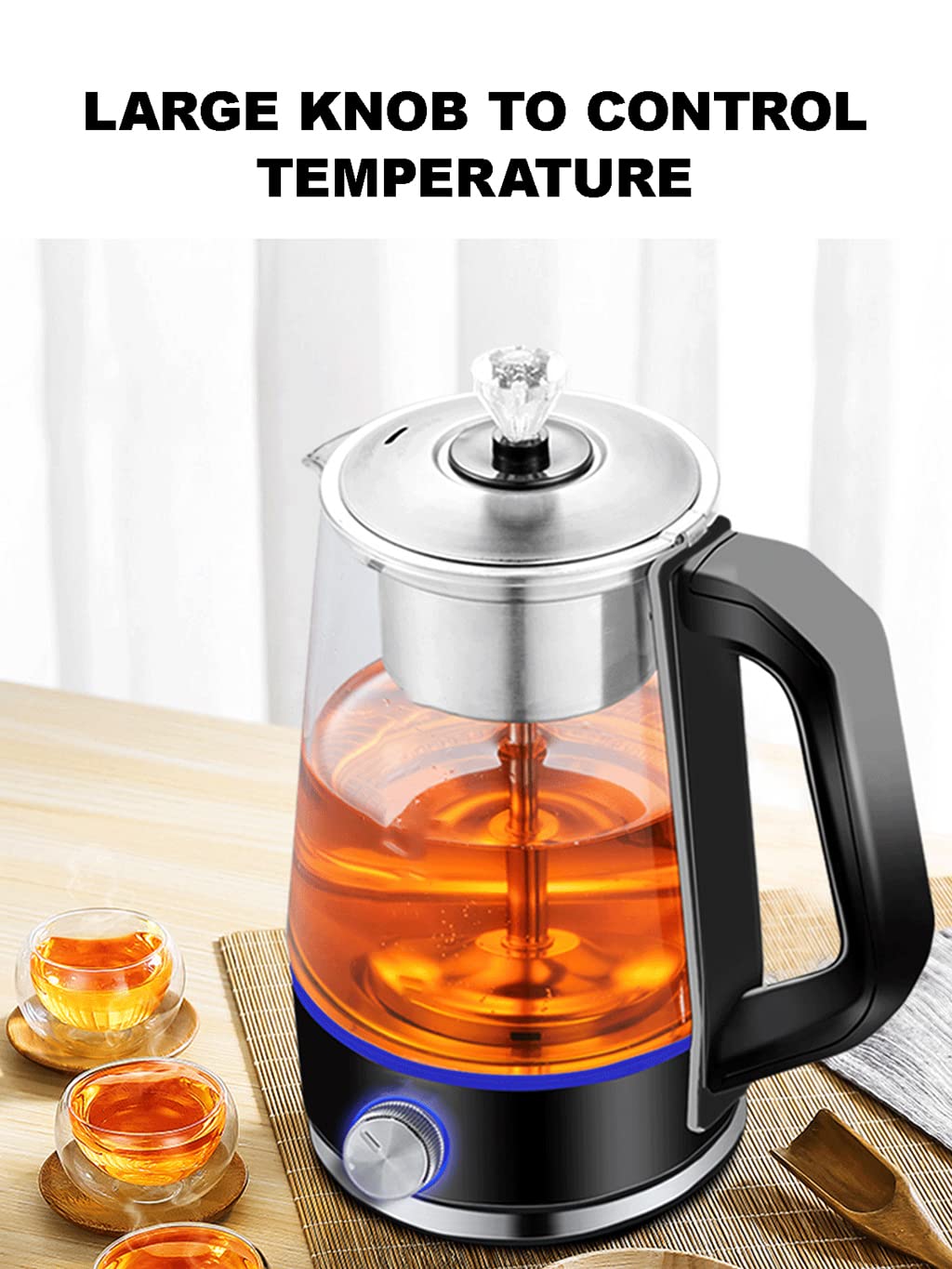 Hervidor eléctrico de agua de vidrio con luz indicadora LED, ebullición rápida de 1,2 L, tetera con función de mantener el calor, té de agua caliente, control de perilla/negro/negro
