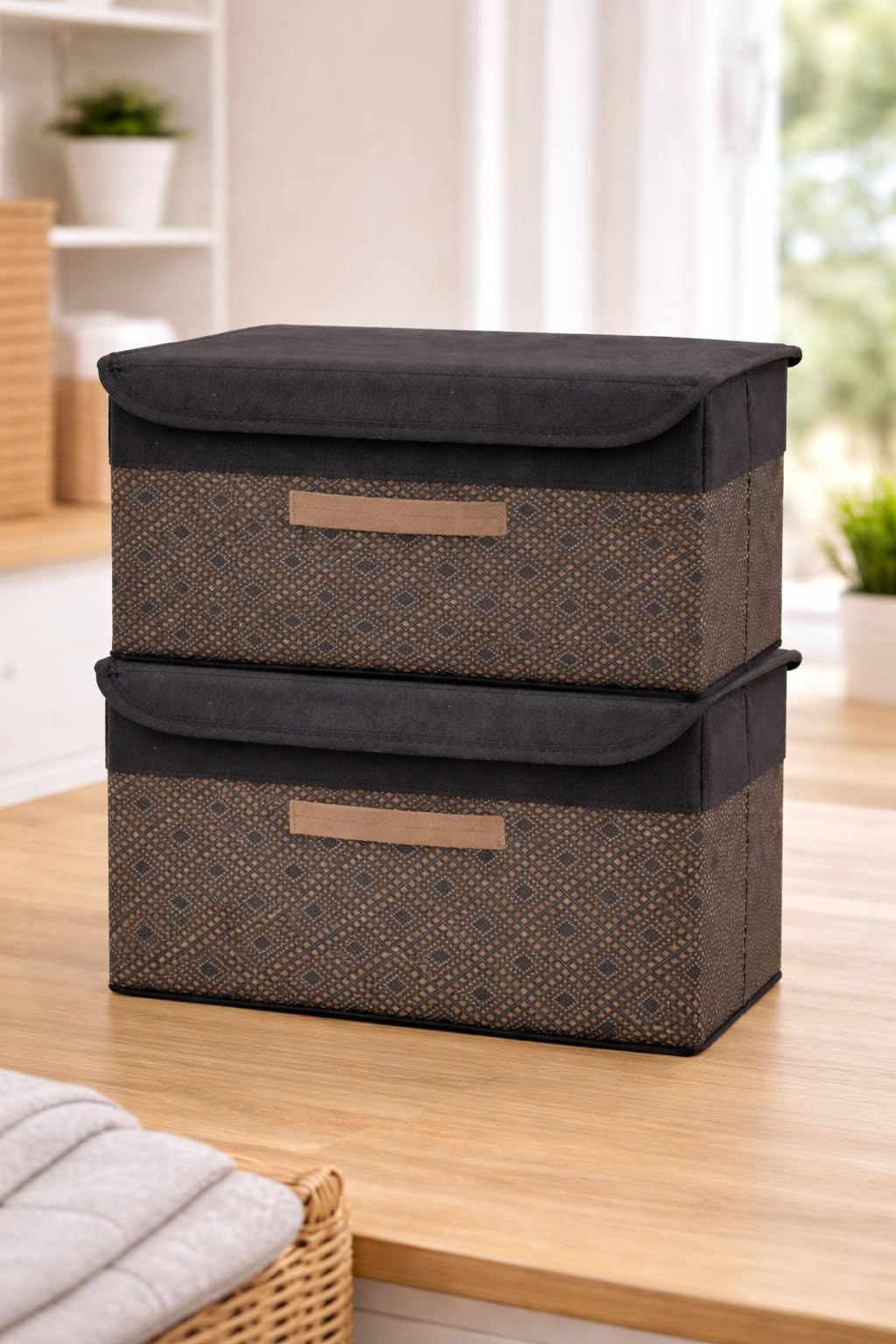 QUAIL Set of 2 Large Storage Bins with Lid & Handle, Foldable Non-Woven Fabric Closet Organizer Boxes, Stackable Wardrobe Storage Basket for Clothes, Toys, Books & Home Organization (Black & Golden)-image-0