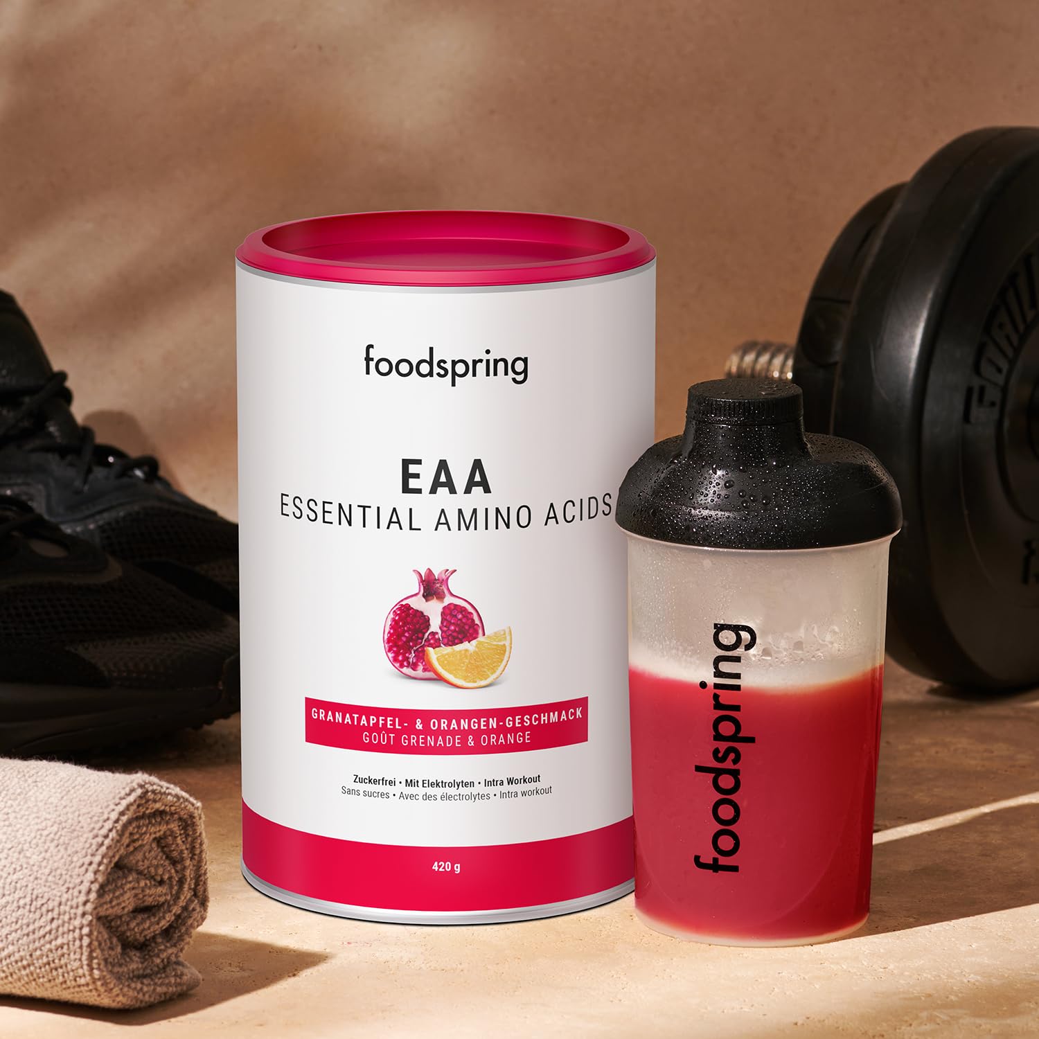 foodspring EAA Powder con elettroliti per crescita & mantenimento muscolare - Polvere EAA con aminoacidi essenziali - Privo di zuccheri (420g | 30 p. | 1 misurino = 14g | Melograno e Arancia)