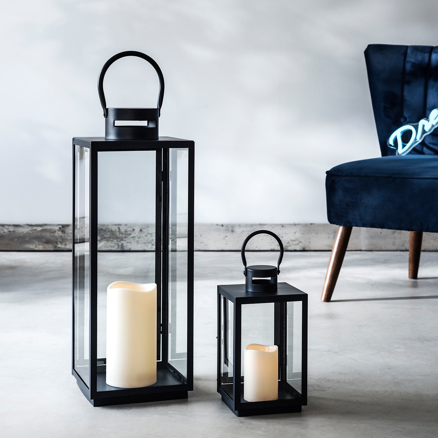 Farolillo Gigante en Metal Cincado Negro para Interiores y Exteriores con Vela LED a Pilas de Lights4fun