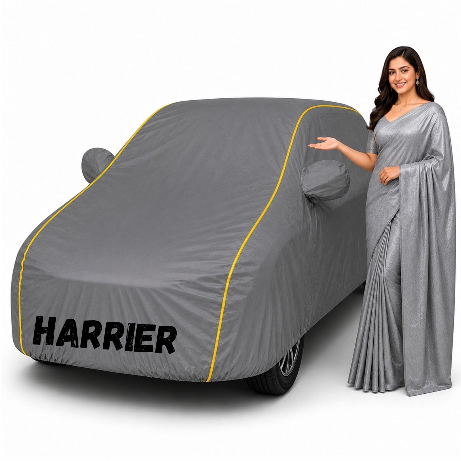 Waterproof Car Body Cover for Harrier All Weather Protection Comes with Inner Cotton Lining & Triple Stitched with Mirror & Antenna Pocket Belt & Elastic Fit Grey with Yellow Piping-image-30