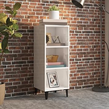 High Gloss White Sideboard 34.5x32.5x90 cm Tall Engineered Wood Storage Cabinet with Metal Legs, 3 Compartments Modern Slim Living Room Kitchen Furniture for Hallway Bedroom