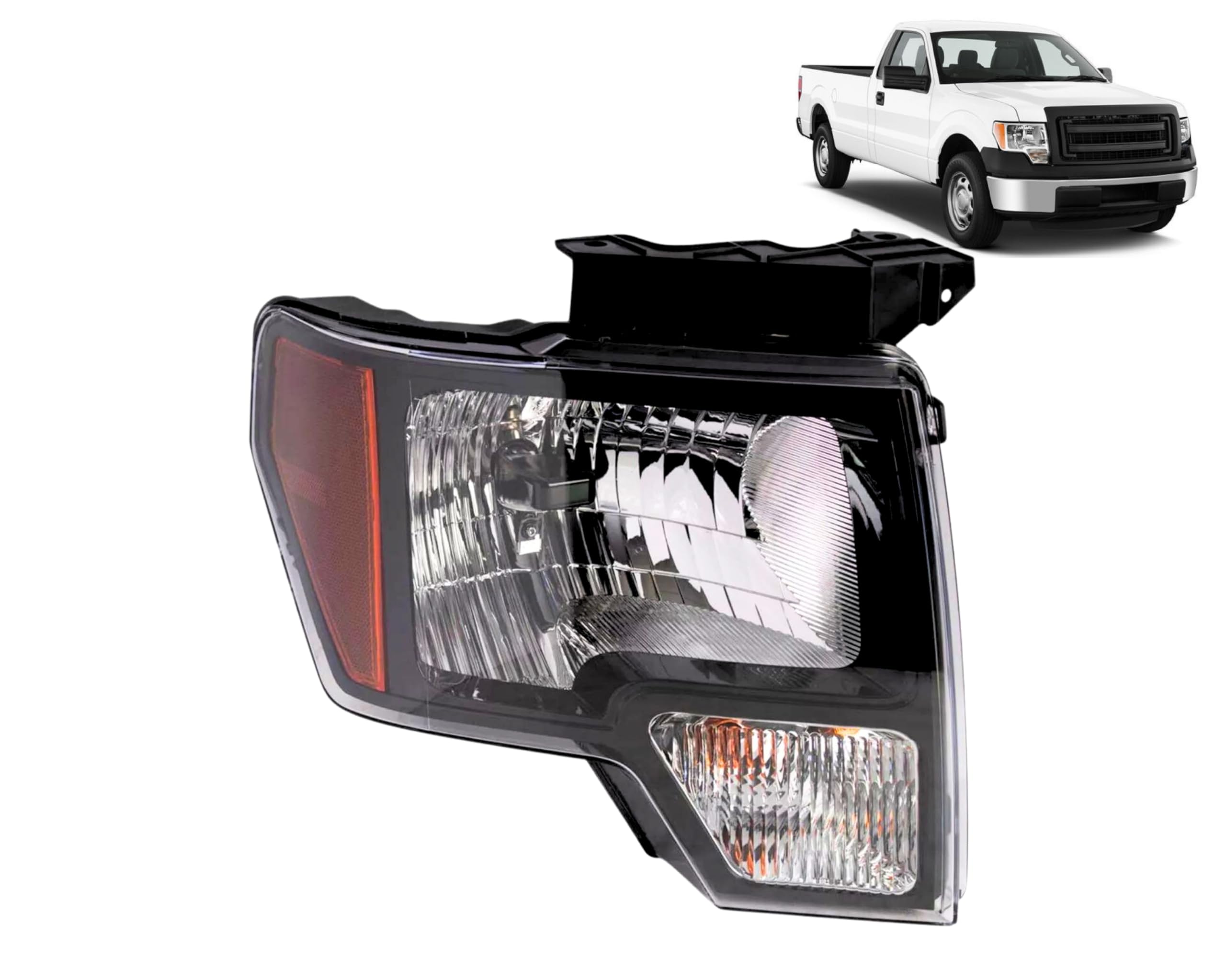 Headlamp Replacement For Ford F-150 2009-2014 Halogen Headlight Assembly Set With Bulbs, Right/Passenger Side, Black Housing, FO2503287 / DL3Z 13008 EC DOT/SAE Compliant