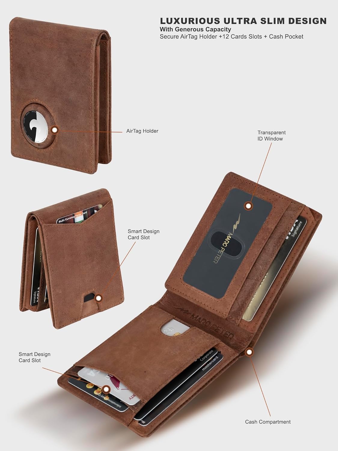 Marc Peter Airtag Wallet – Minimalist Front Pocket RFID Blocking Mens Wallet Full Grain Leather, Bifold AirTag Holder with 2 ID Window up to 14 Cards and Gift Box Crazy Horse Camel - Image 3
