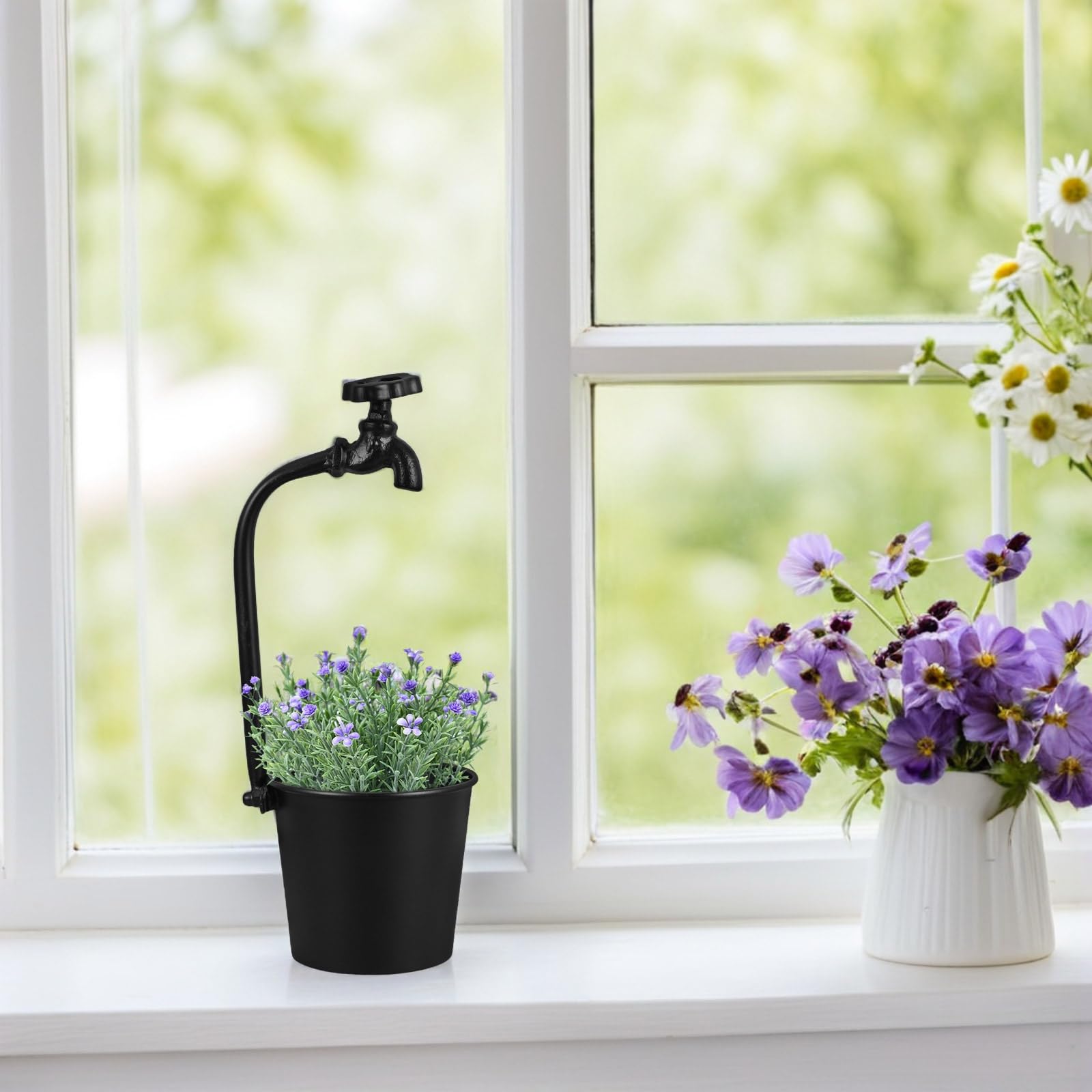 Jardinière Rétro en Fer Noir avec Robinet Métal pour Extérieur, Pot de Fleurs Rustique Multifonction Adapté la Décoration de Table et Jardin