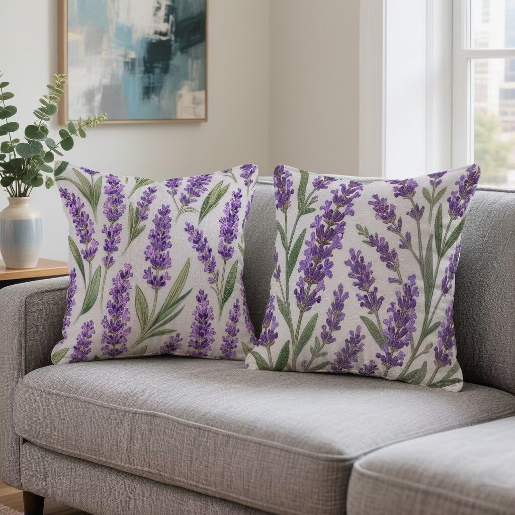 Kissenbezug 65 x 65 2er Set Sofakissen Lila Kopfkissenbezug 65x65 cm Dekokissen Blume Outdoor Pillow Leinen Doppelseitiger HD-Druck, Terrassen Deko Wohnzimmer, Frühling und Sommer Gifts 3-6W66V1