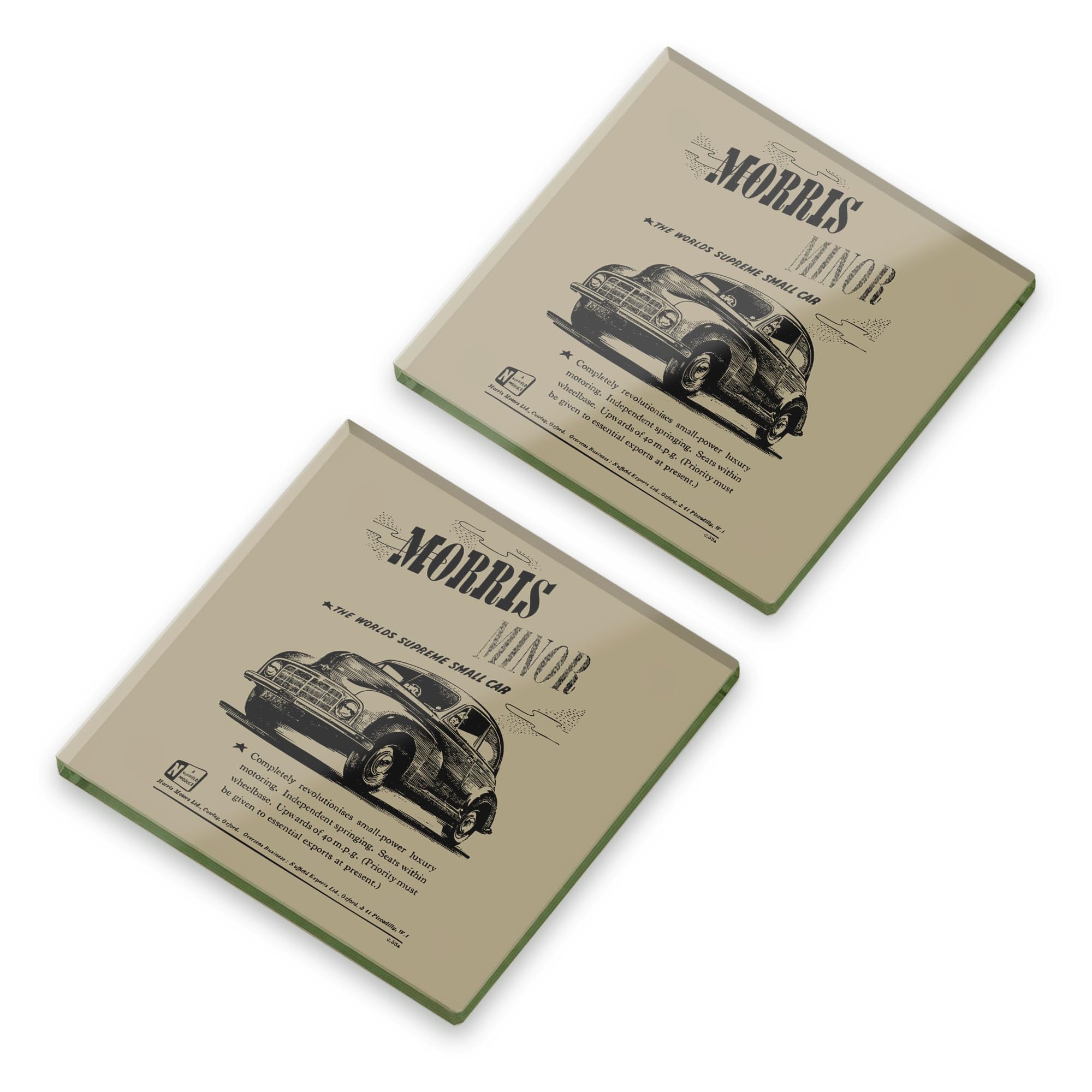 Morris Minor Glass Coaster Set Classic Advert British Car Gift OFFICIAL LICENCED PRODUCT (2, Plain Packaging)