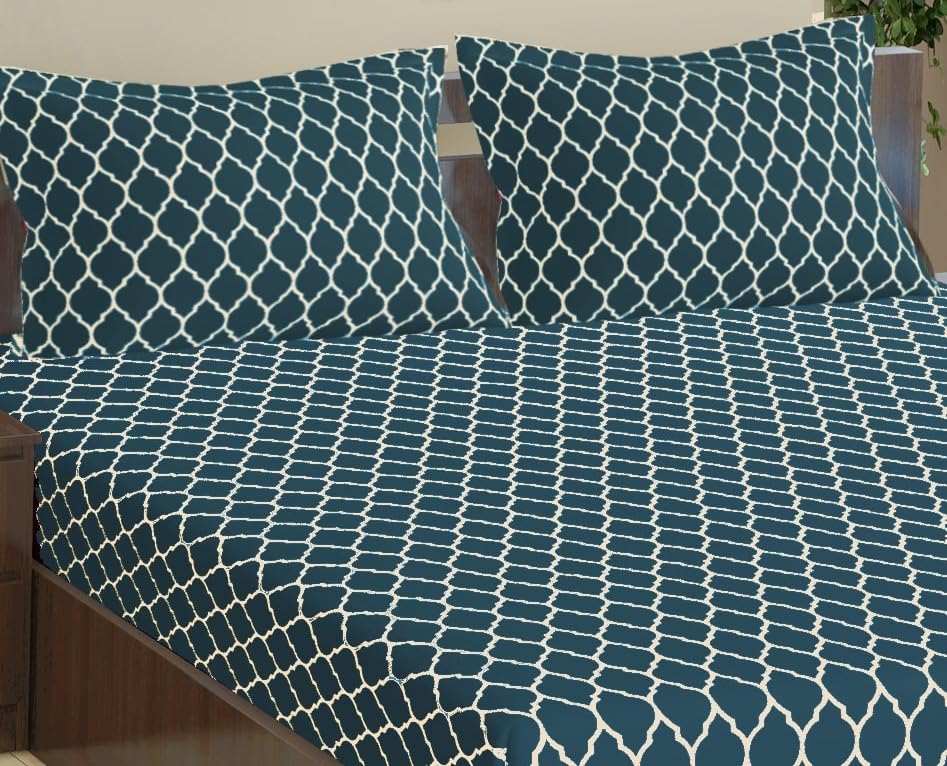Image of Trance Home Linen 200TC 100% Cotton 72 inchx60 inch Double Bed Size Elastic Fitted Bedsheet | Printed Double Size Bed Elasticated Fitted Bedspread with 2 Pillow Covers (72x60 inch, Dori Blue)