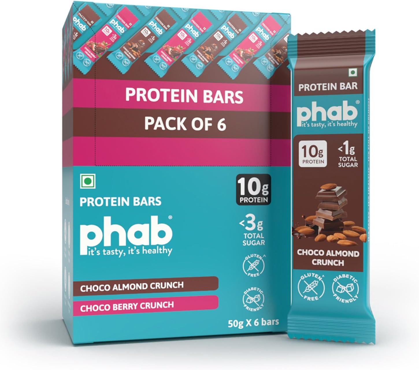 Phab 10g Choco Almond Crunch Protein Bars | (Pack of 6 x 50g) | 14% Roasted Almonds | Crunchy, No added sugar, High Fibre, No Preservatives, Trans Fat Free | Healthy Snack