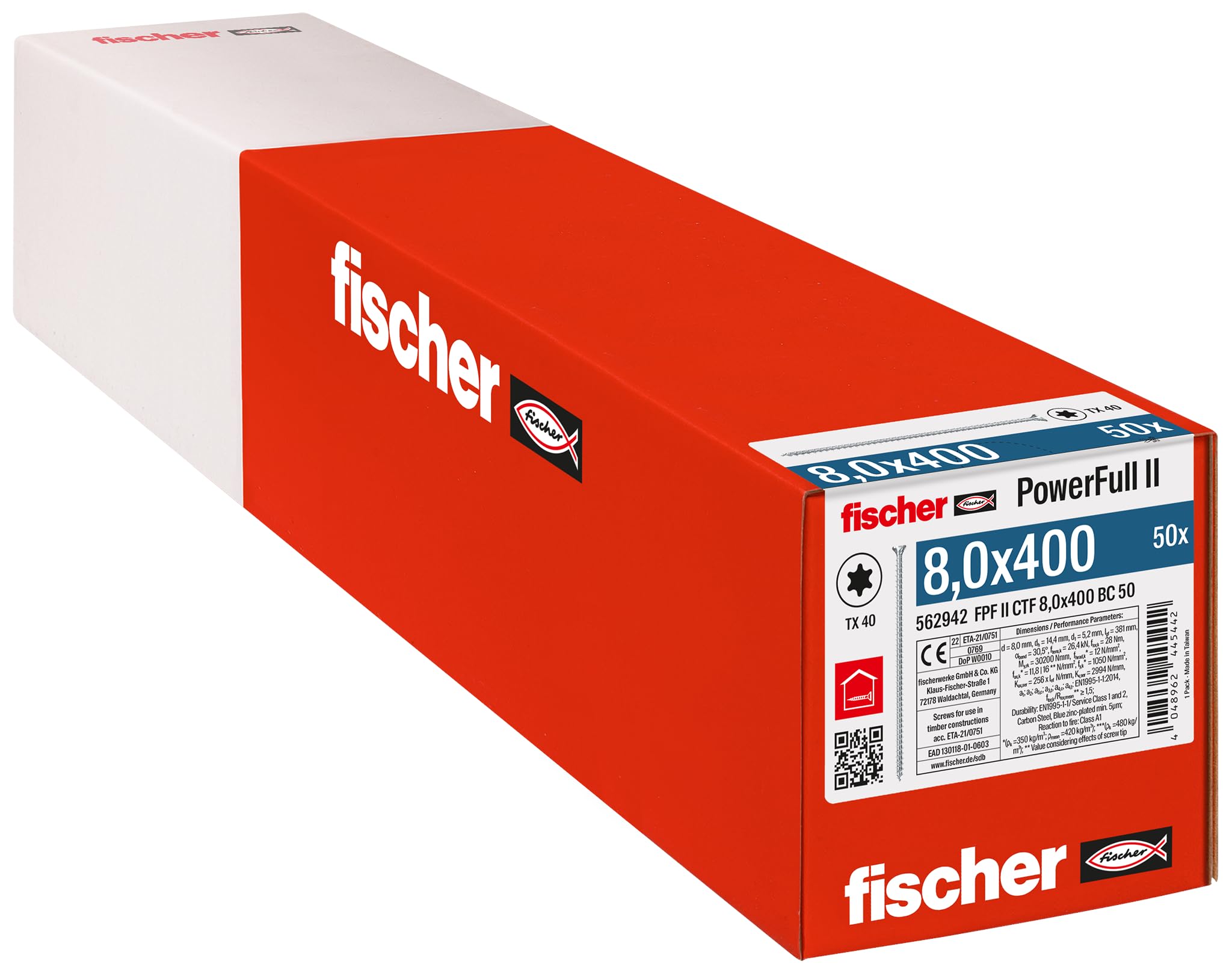 fischer PowerFull II 8.0 x 400 Premium Fully Threaded Screw (Pack of 50) with Innovative Tip Geometry