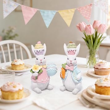 Hodao Easter Bunny Figurines Set of 2 Decor, Spring Decorative Rabbit Couple with Colorful Cake, and Easter Eggs Tabletop Home Decoration for Living Room, Entryway