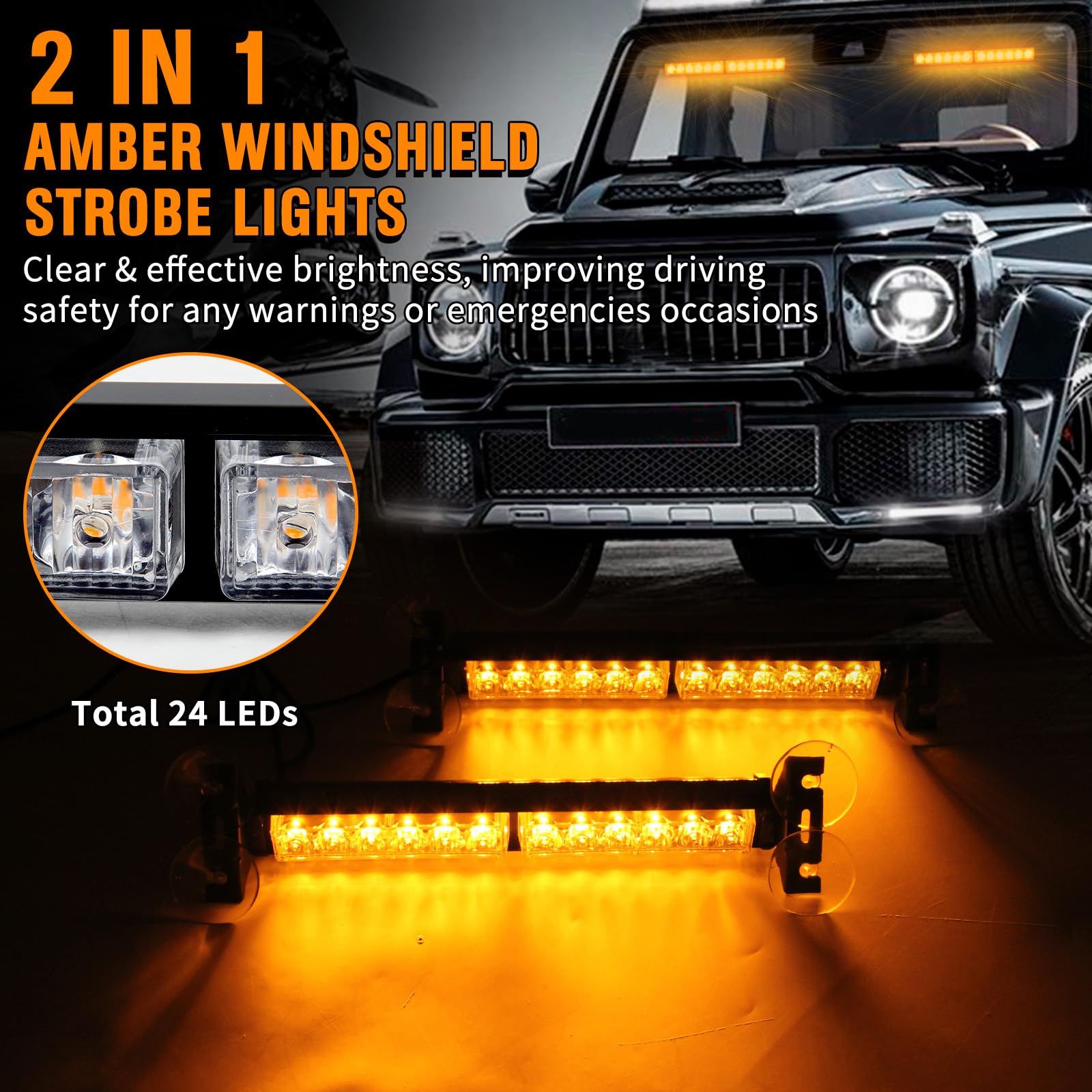 Luces estroboscópicas de parabrisas ámbar para camiones, luces de advertencia estroboscópicas para salpicadero de parabrisas de automóvil 2 en 1, 24 LED, luz estroboscópica de emergencia de