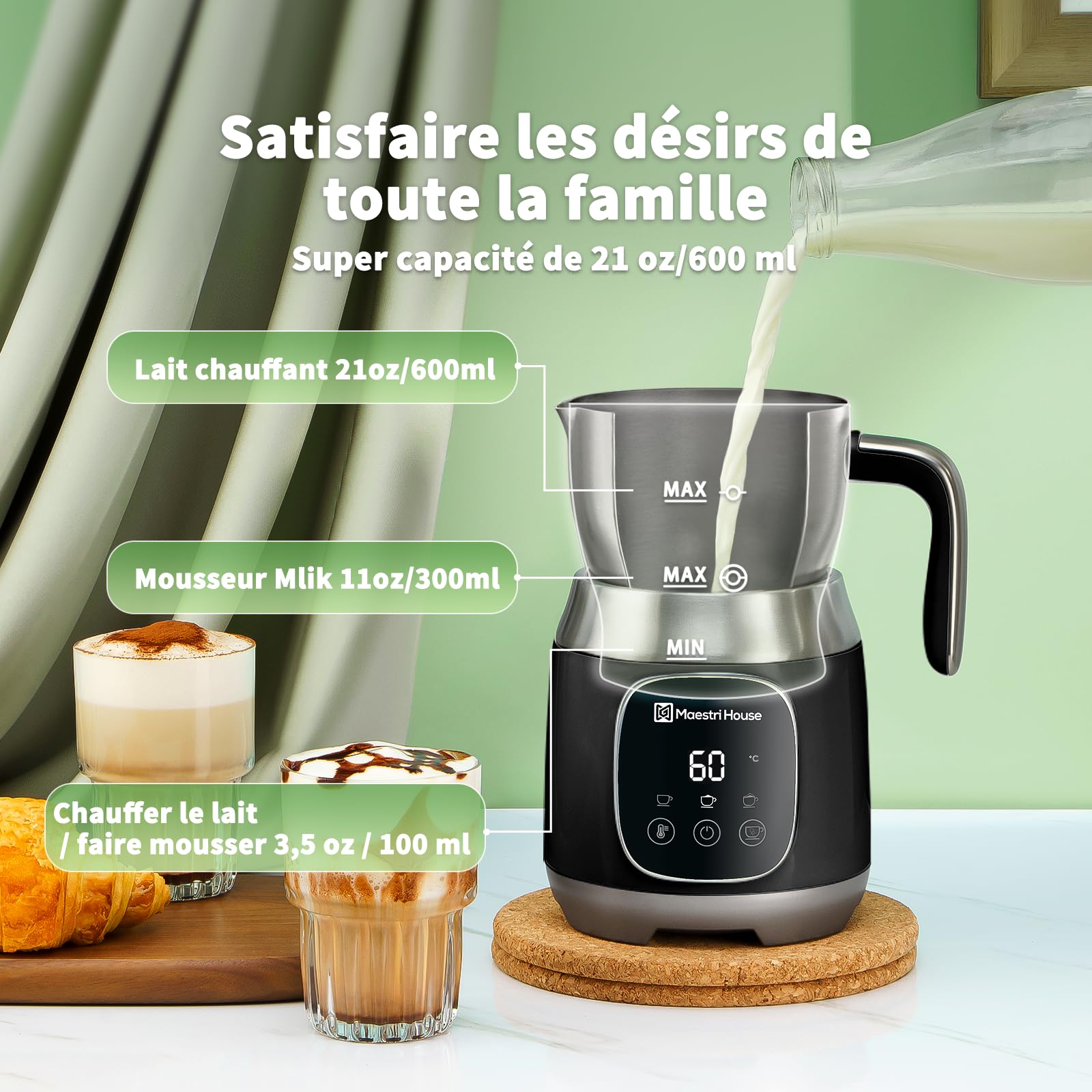 Mousseur à lait Maestri House, 12 en 1 600 ml Mousseur à lait électrique avec température et force de mousse variables, commande Smart Touch, pour Latte Cappuccino, Chocolat chaud, Lait chaud