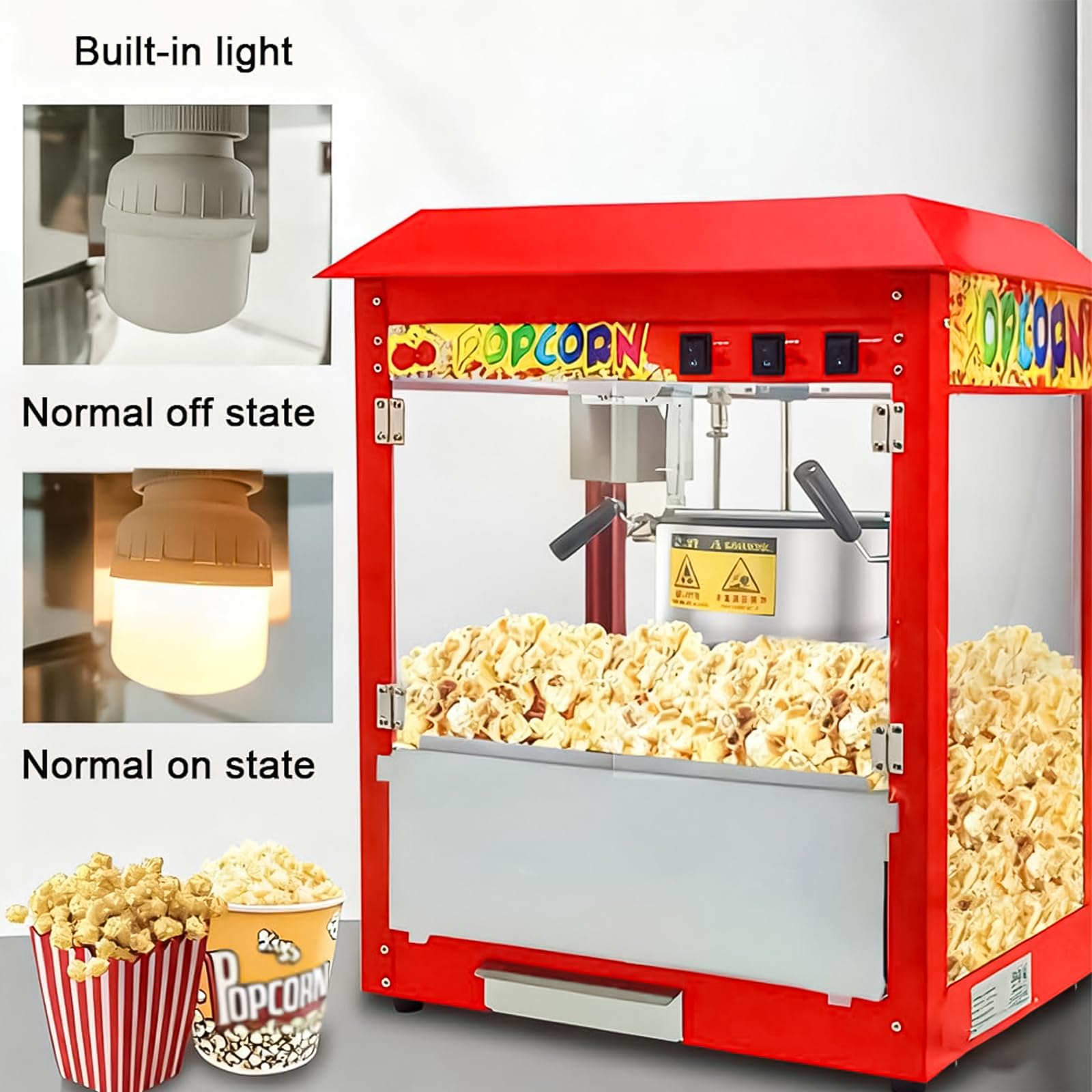 Máquina Comercial de Palomitas de Maíz con Caldero de 10 Oz y Luz de Calentamiento, 1400W, para Hogar, Cine y Negocios, Estilo Cine con Control de 3 Interruptores Flat-top