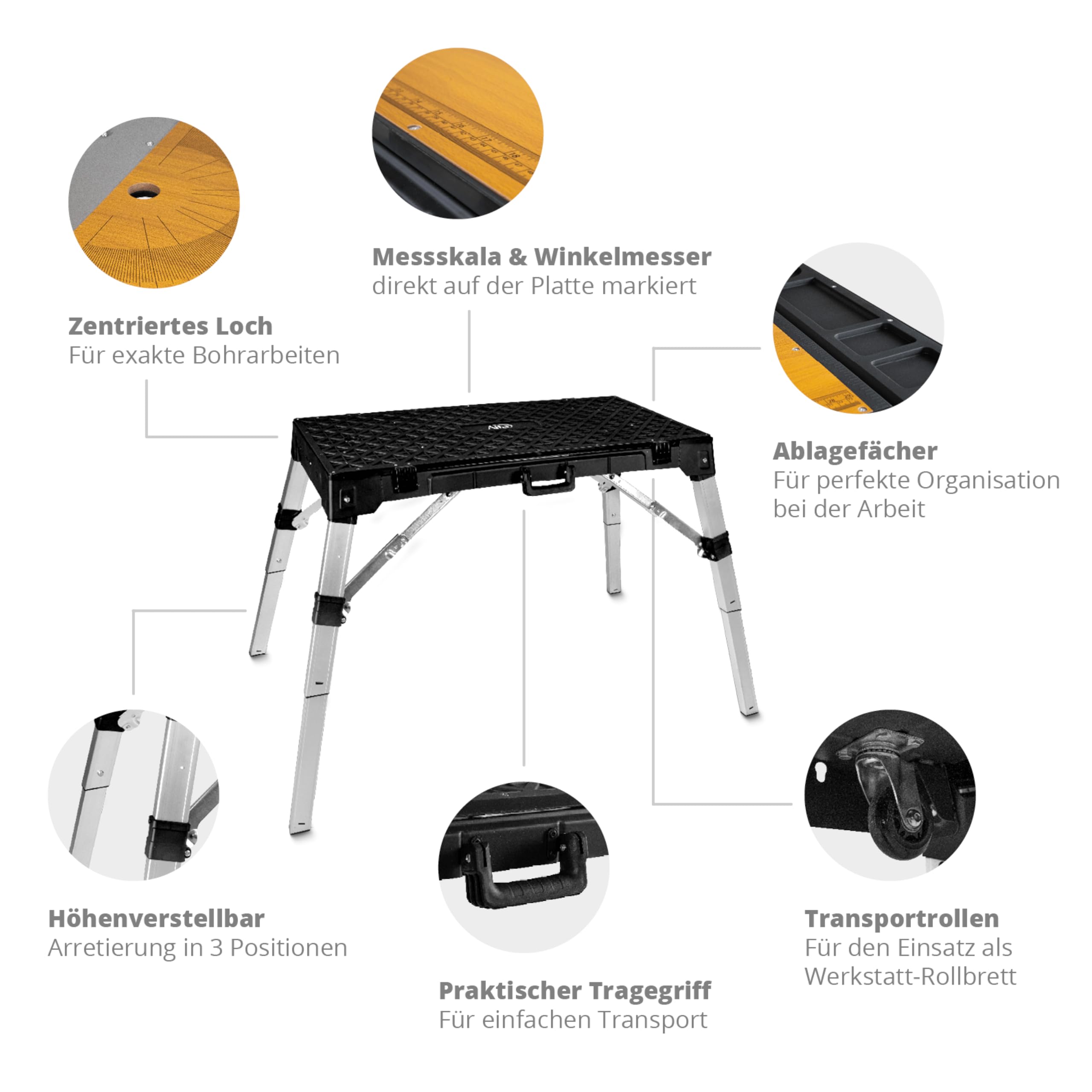 Alfa Universal-Werkbank 4 in 1 – Rollbrett/Werktisch mit 85 cm Arbeitshöhe | Profi-Qualität – Mit Ablagefächern und wendbarer Arbeitsplatte – Höhenverstellbare Werkzeugbank