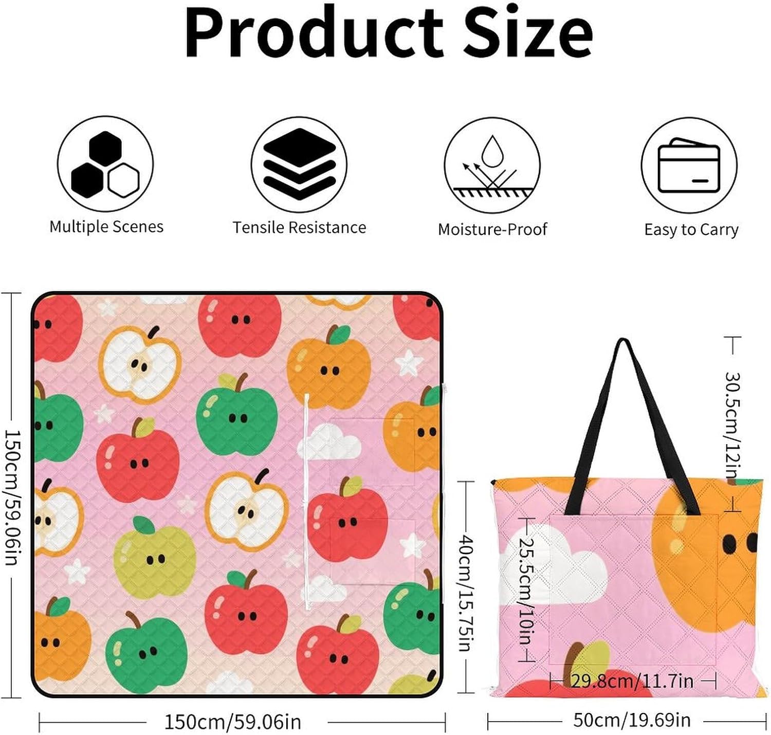 Apples Pattern Picnic Blanket 150x150cm, Foldable 2-in-1 Picnic Mat and Tote Bag Portable Waterproof Beach Mat Sandproof Outdoor Blanket for Park, Hiking, Beach, Camping, Travel