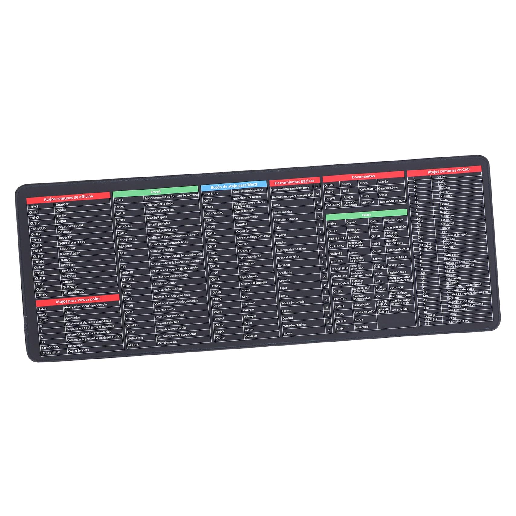 Tappetino Mouse Scorciatoie Excel Antiscivolo 300x800x3mm in Gomma e Tessuto per Ufficio e Gaming Fondo Stabile e Pratico