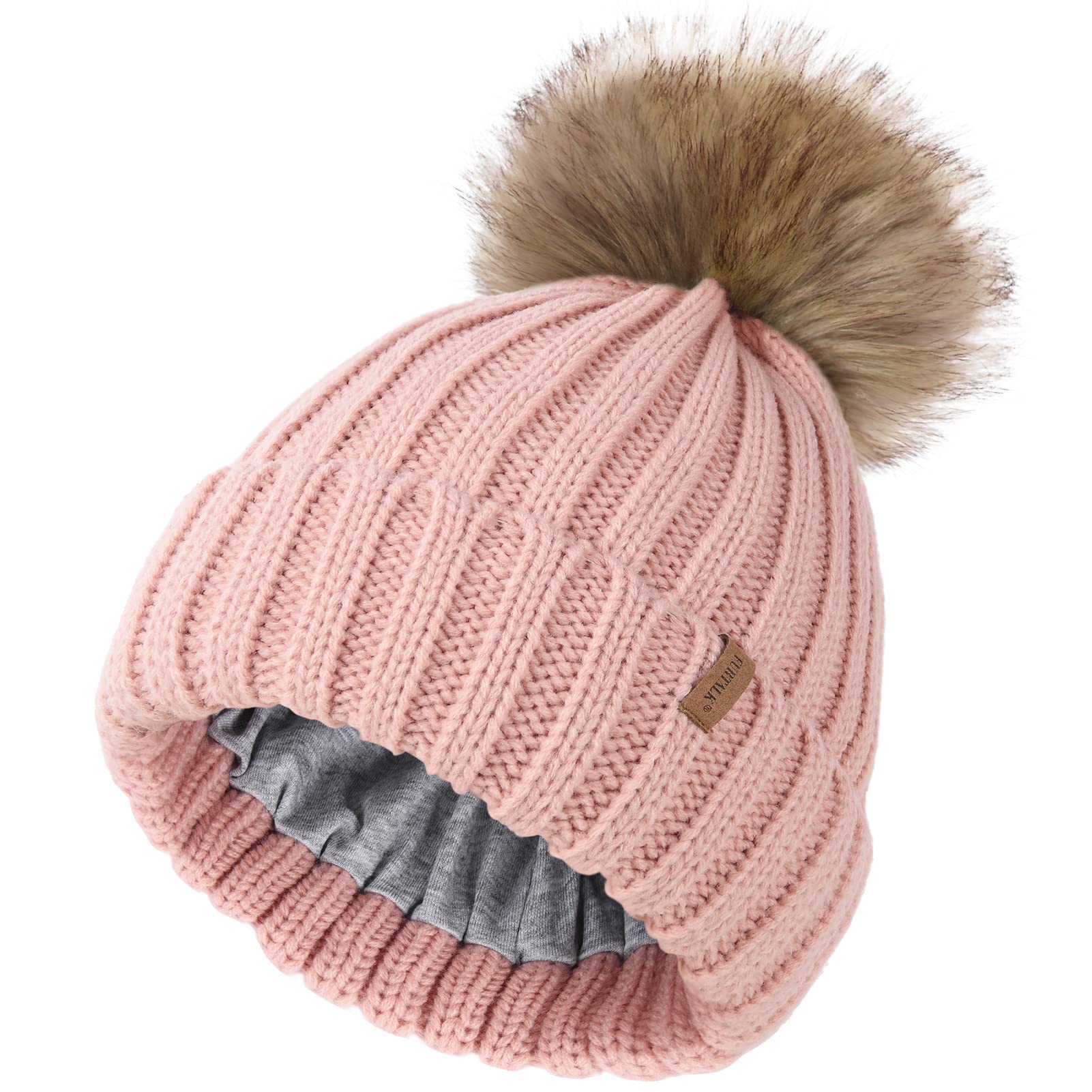 FURTALK Kids Winter Hat Toddler Knitted Pom Beanie Hat Cotton Lined Faux Fur Pom Pom Cap Baby Girls Boys Beanies