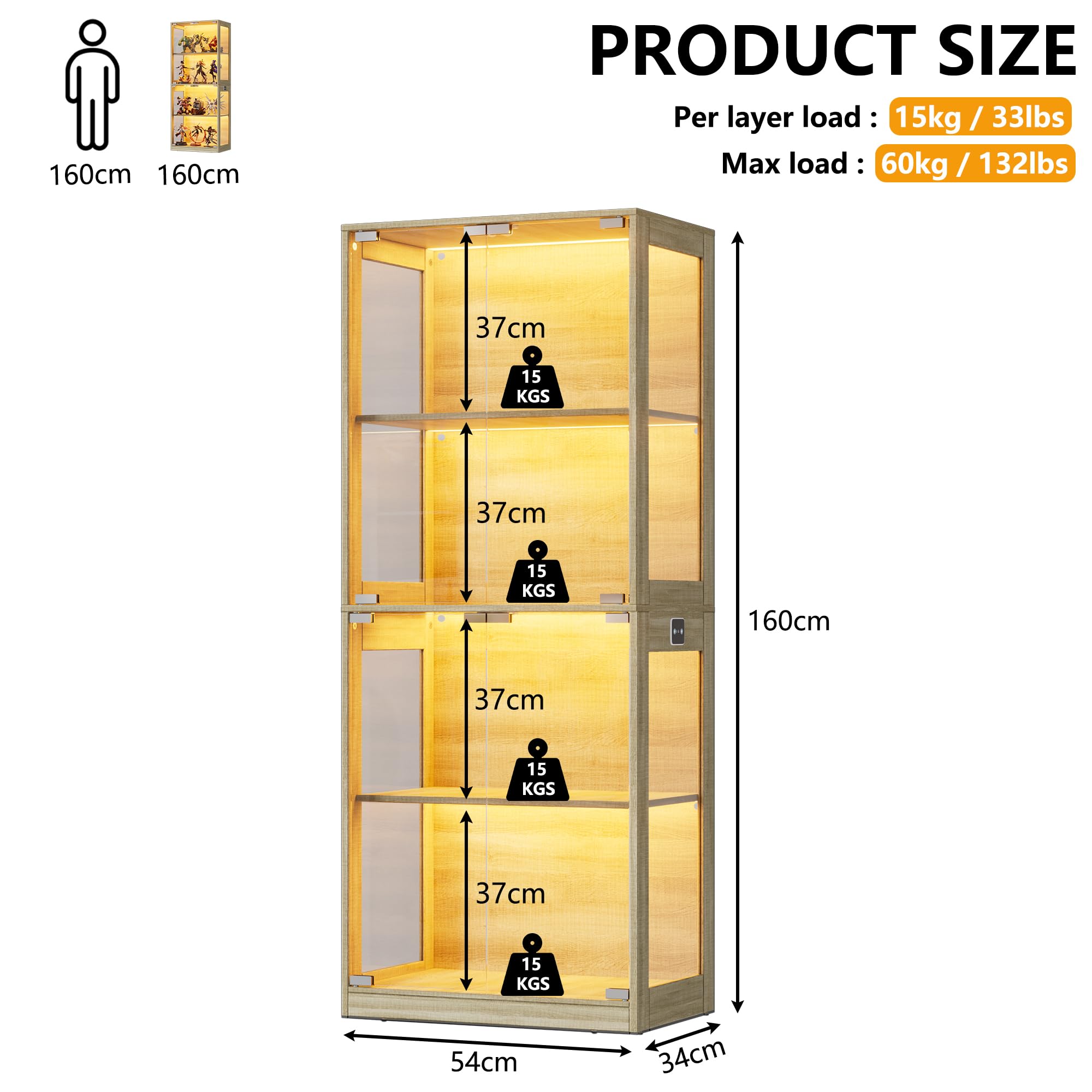 MSFE Vitrina de Cristal con LED,Vitrinas con Sensor Inteligente,4 Capas de Vitrina Expositora para Colecciones,Armario de Almacenamiento de Vidrio,Capacidad de Carga por Capa:15 kg,Color de la Madera