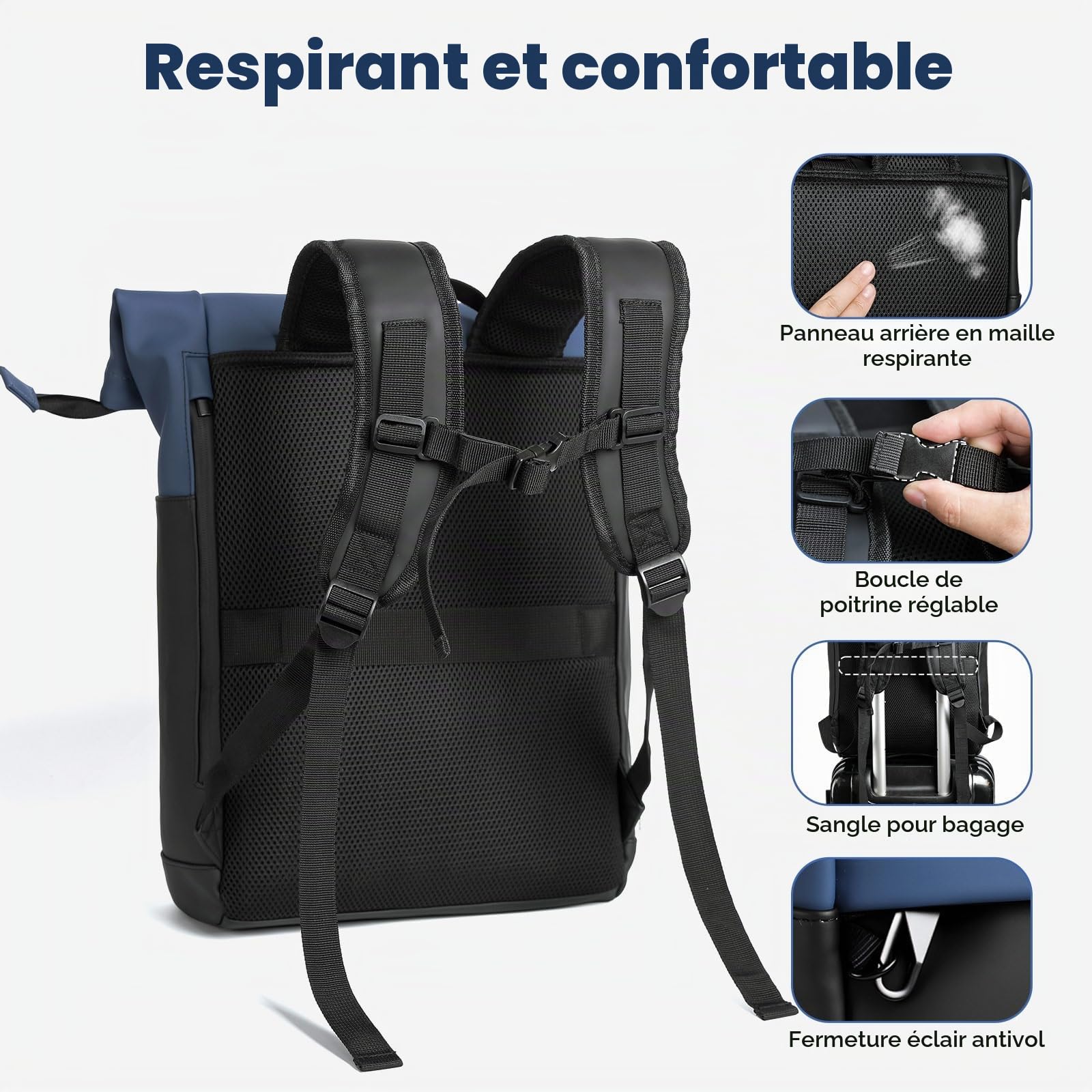 Sac a Dos Etanche, Sac à Dos Ordinateur Unisexe Extensible de 18 à 25 Litres avec Fermetures Éclair Antivol, Sac à Dos Travail pour Voyage, École, Loisirs - Bleu