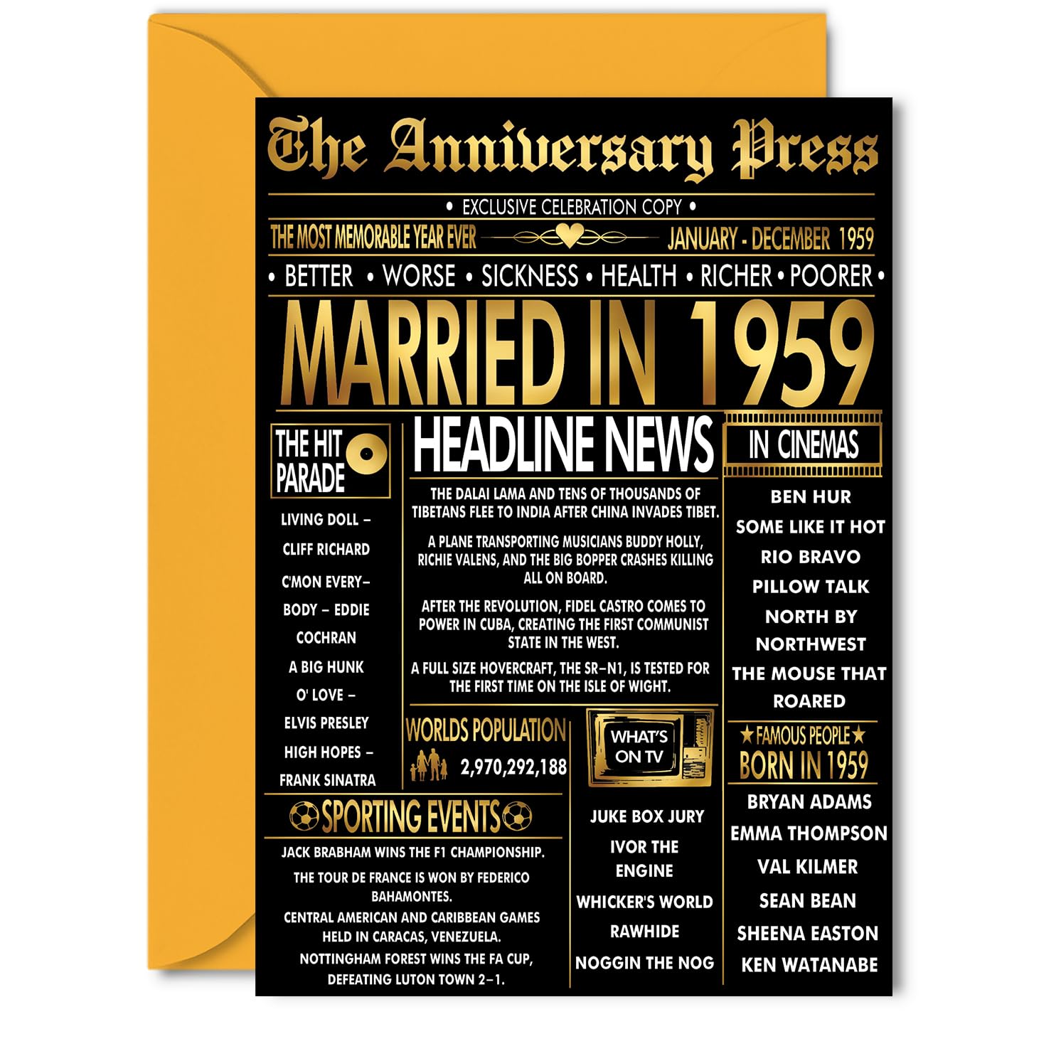 Gold 67th Anniversary Card for Women Men - Golden Newspaper Married in 1959-67 Year Wedding Anniversary Card for Husband Partner Wife Companion, 5x7 Inch Anniversaries Greeting Cards