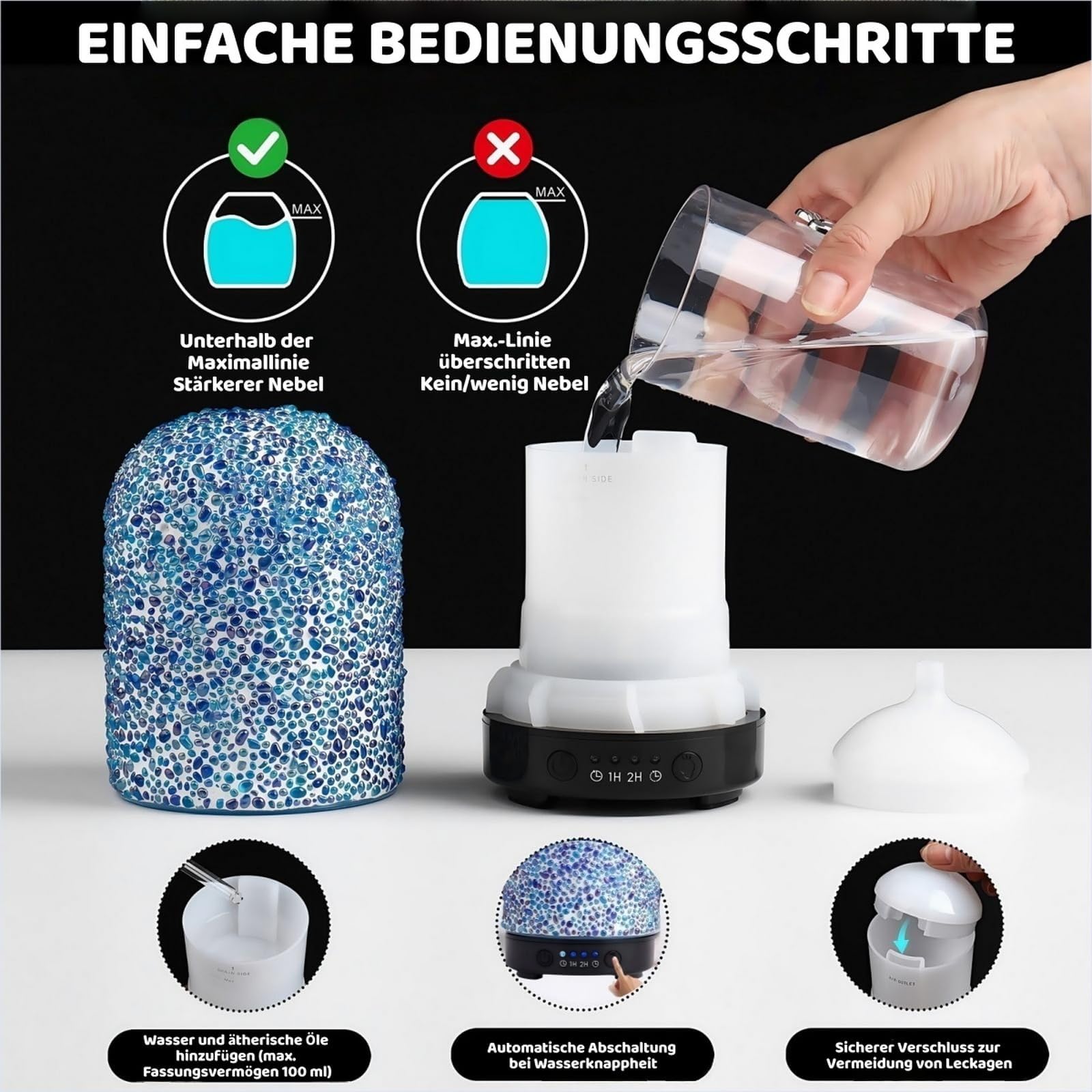 VOREEN Diffusore di aromi con vetro a mosaico incollato manualmente, nebulizzatore a ultrasuoni per oli essenziali con luce a LED e timer, diffusore di profumo per camera da letto, ufficio
