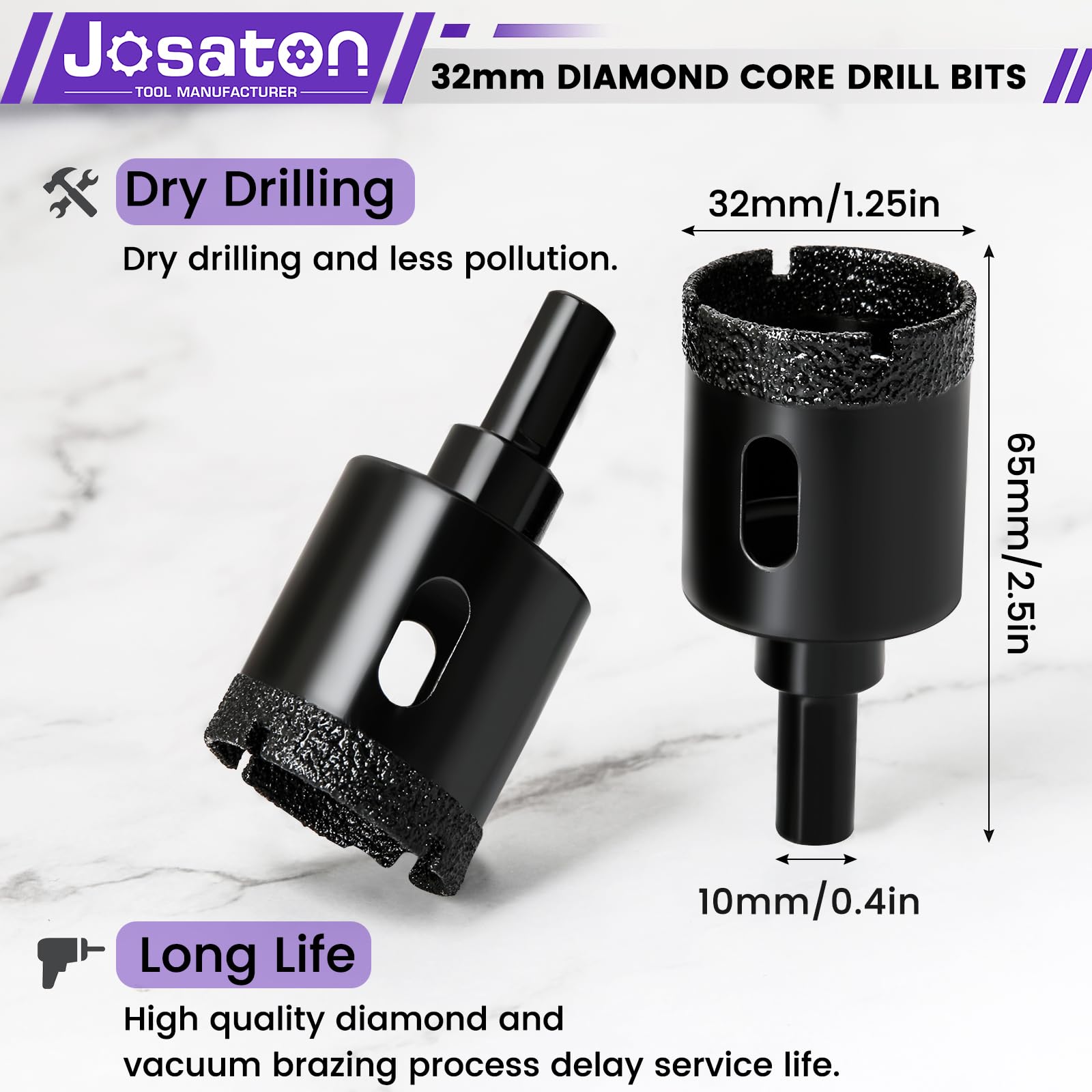 32mm Diamond Hole Cutter Josaton 2Pcs Dry Tile Hole Saw Set for Glass Porcelain, Tile, Marble, Ceramic, Granite - Image 2