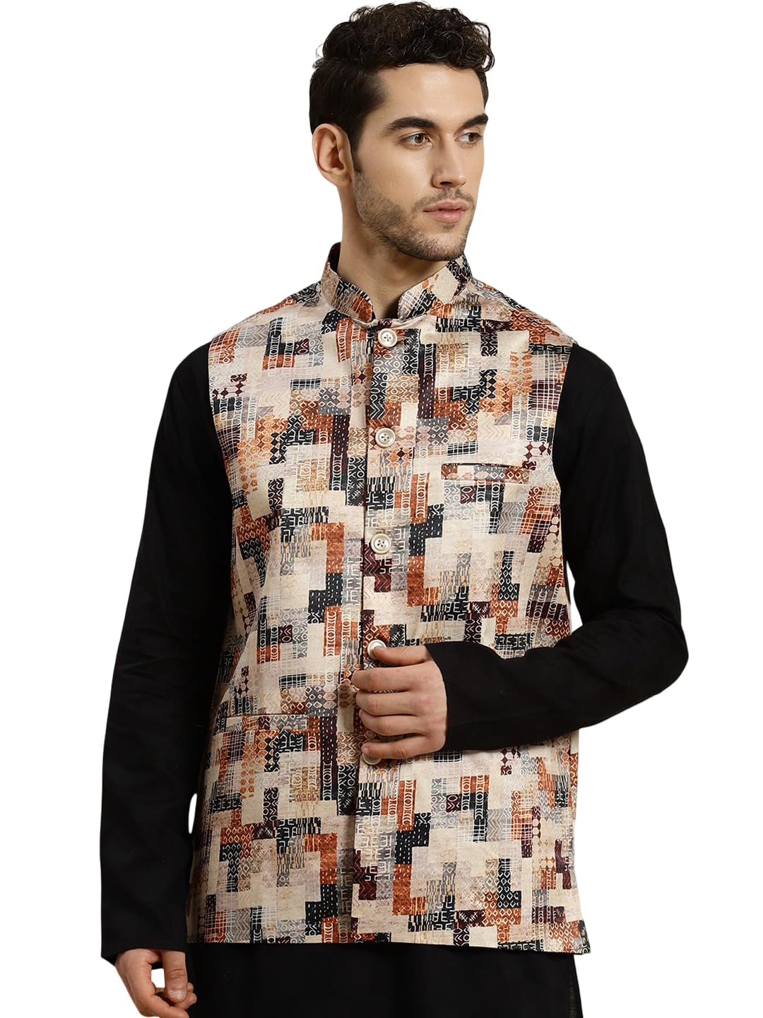 jompers Men’s Geometric Printed Nehru Jacket (Beige, XL)-picture-35